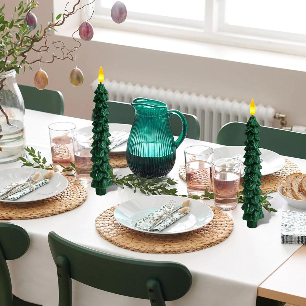 2 Pcs Christmas Tree Flameless Taper Candles with Timer Battery Operated Taper Candles Realistic Flickering Green LED Candle Tall ElectricTaper Candlesticks fo All-Season Decor festival Wedding Party