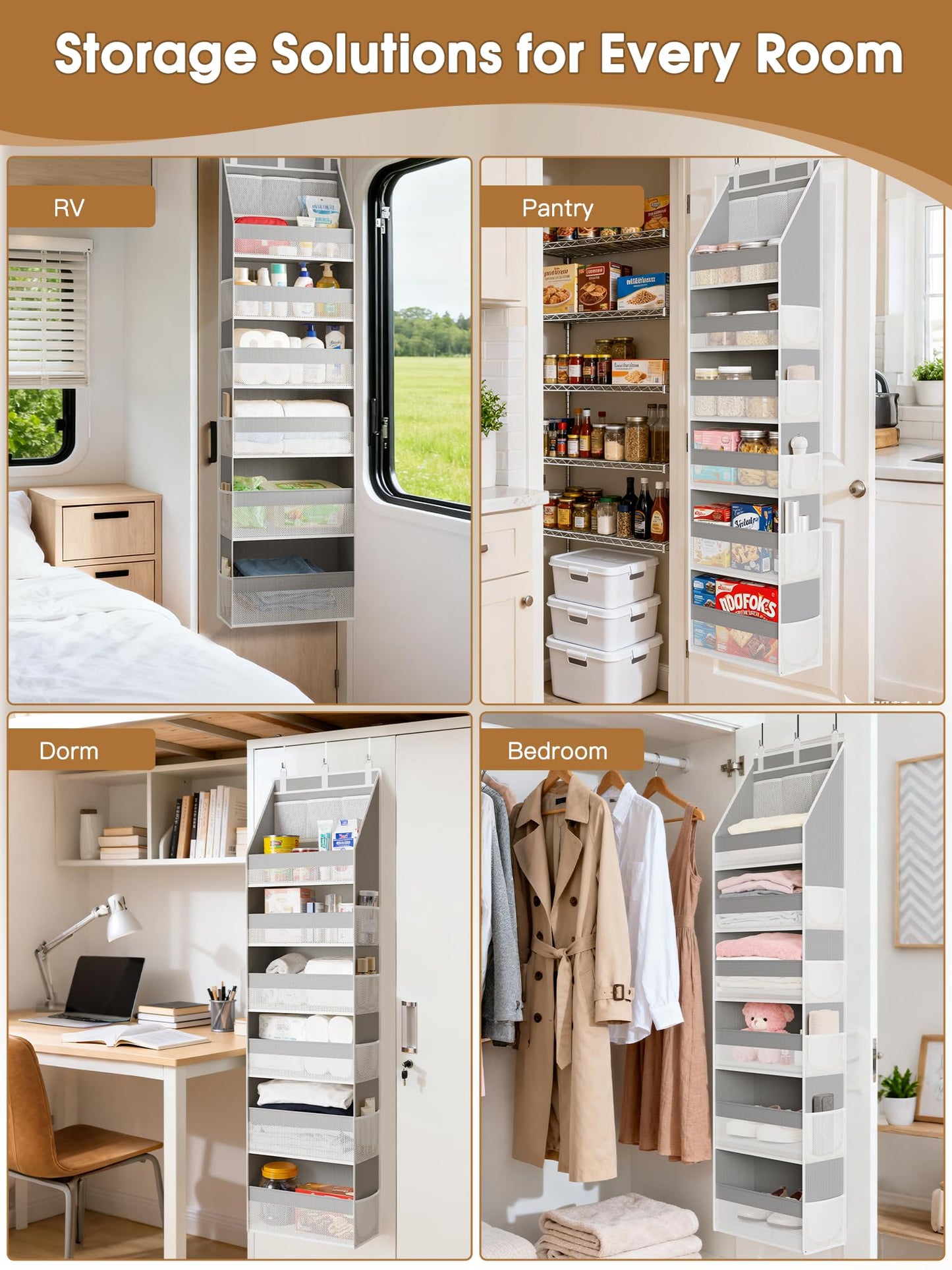 Criusia Over The Door Organizer, Heavy-Duty 6-Shelf Hanging Storage with 13 Mesh Pockets, 55lbs Capacity Behind The Door Storage for Nursery, Bathroom, Bedroom, and Dorm, Grey