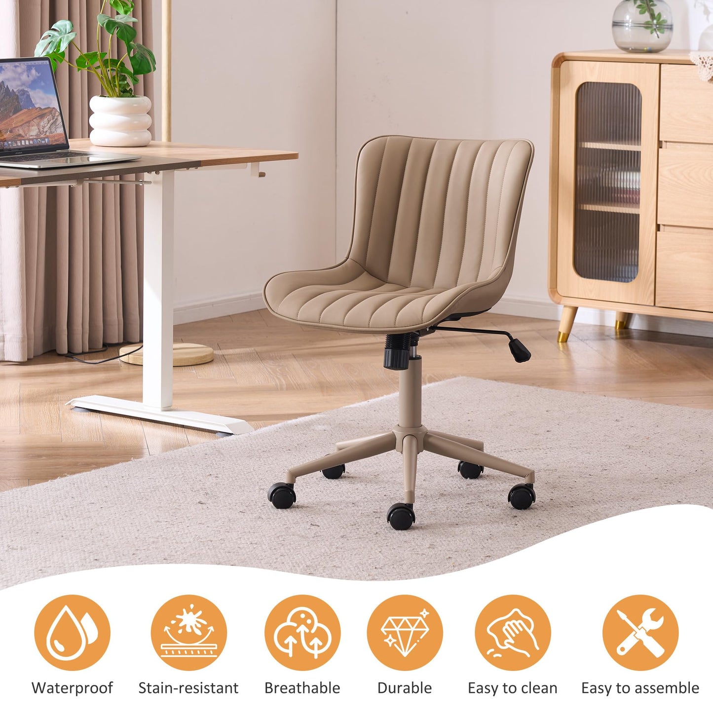 YOUNIKE Home Office Desk Chair with Wheels Armless Vanity Chair with Back Comfy Modern Leather Upholstered Rolling Task Chair Swivel Small Cute Sewing Chair No Arms Wide Adjustable Ergonomic All Khaki