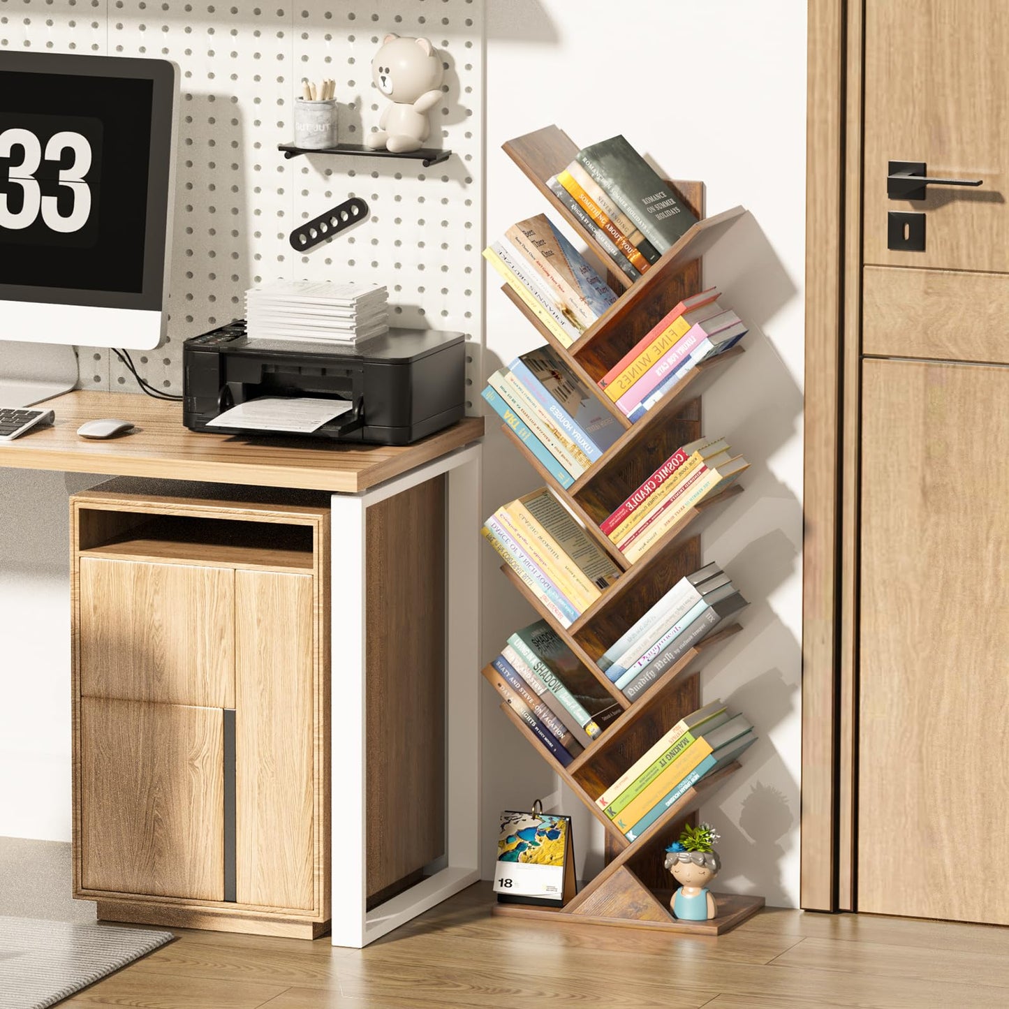 SHEEPAM 10 Tier Tree Book Shelf, Floor Standing Wood Bookshelf for Narrow Space, Storage Organizer Bookshelves for Books/CDs/Magazine, Bookcase with Shelves for Home Office, Living Room - Brown