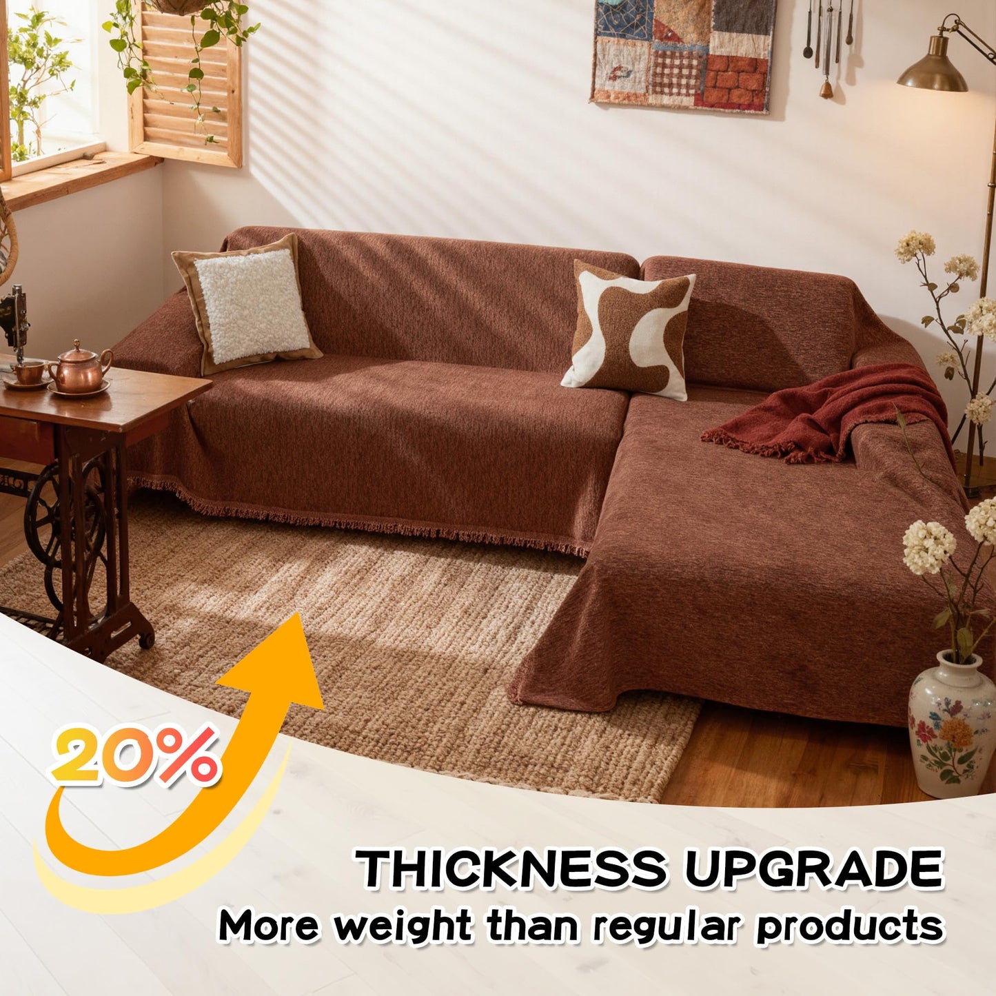MYSKY HOME Couch Cover for Sectional Sofa, 2 Pieces Chenille Couch Covers for L Shape Sofa Cover, Furniture Protector for Pet, Kid, Sofa Slipcover for 3-4 Cushion Couch (71"x118"+91"x134", Chocolate)