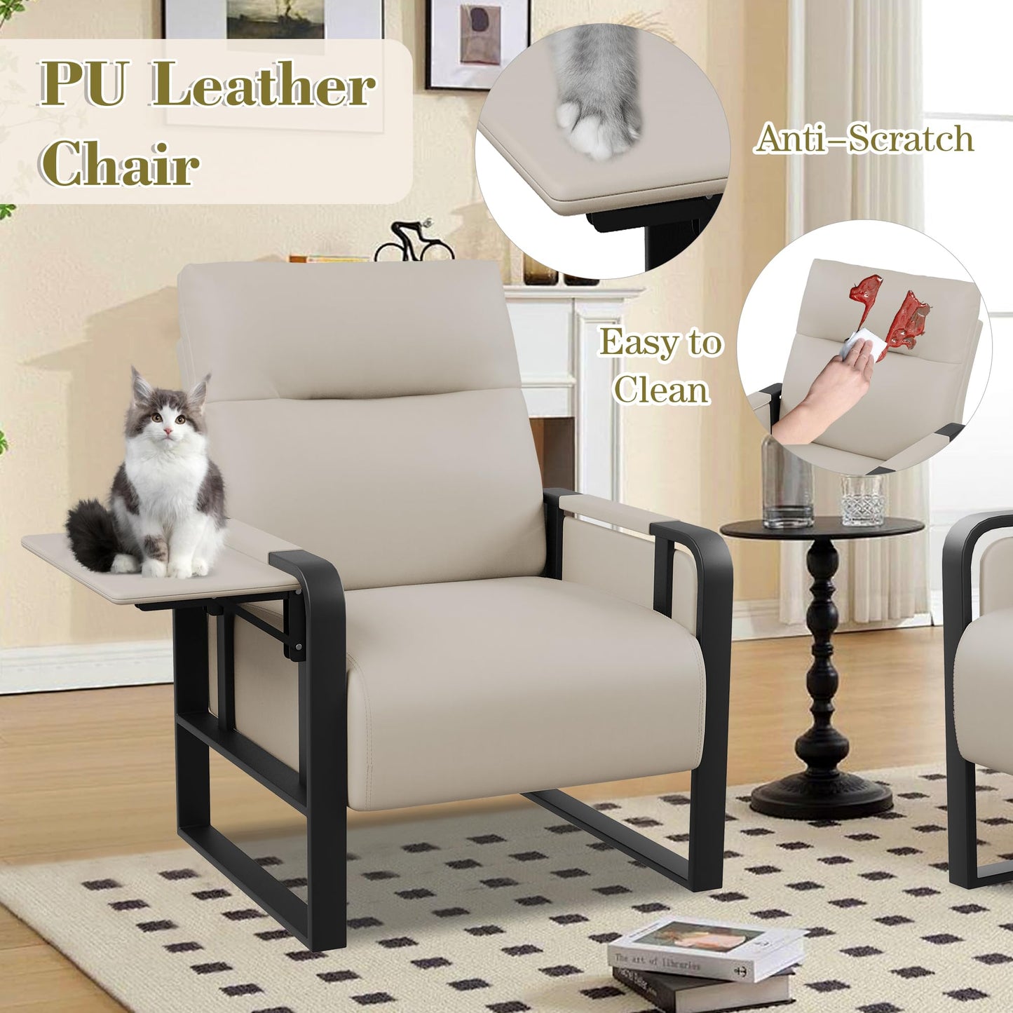 Apeaka Modern Accent Chair PU Leather Upholstered Armchair with Tray Table for Bedroom Living Room Chairs Office Chair Beige