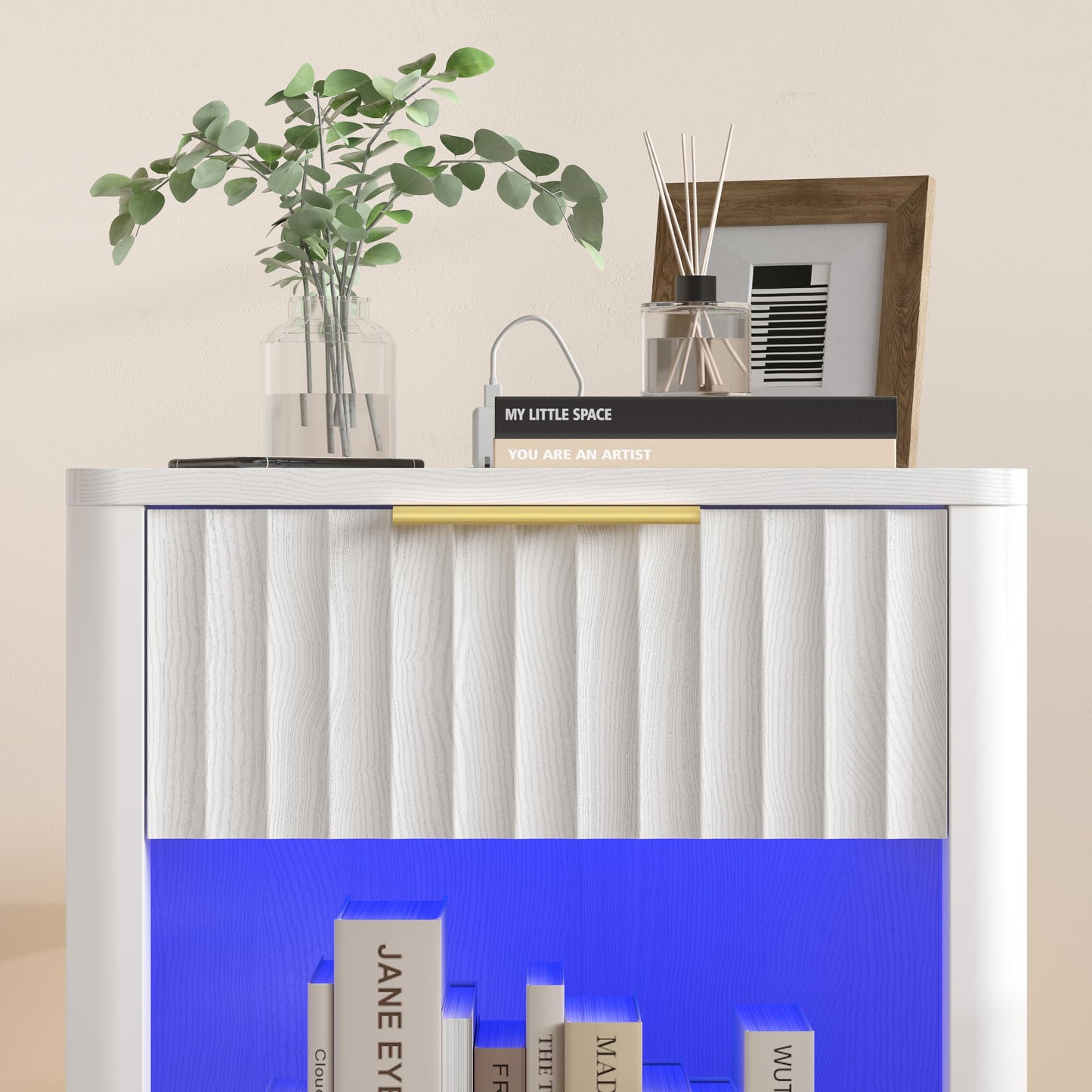 Akxomel Fluted Nightstand, Wooden Night Stand with Charging Station and LED Light, Modern Mid Century End Table with Drawer, 15" D x 15.7" W x 22.6" H, for Bedroom, White