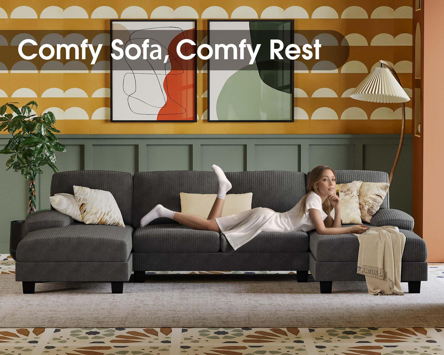 Furmax Sectional Couches for Living Room, U-Shaped Sofa Couch with Linen Fabric, 4 Seat Sofa Set with Double Chaise for Apartment (Corduroy, Dark Grey)
