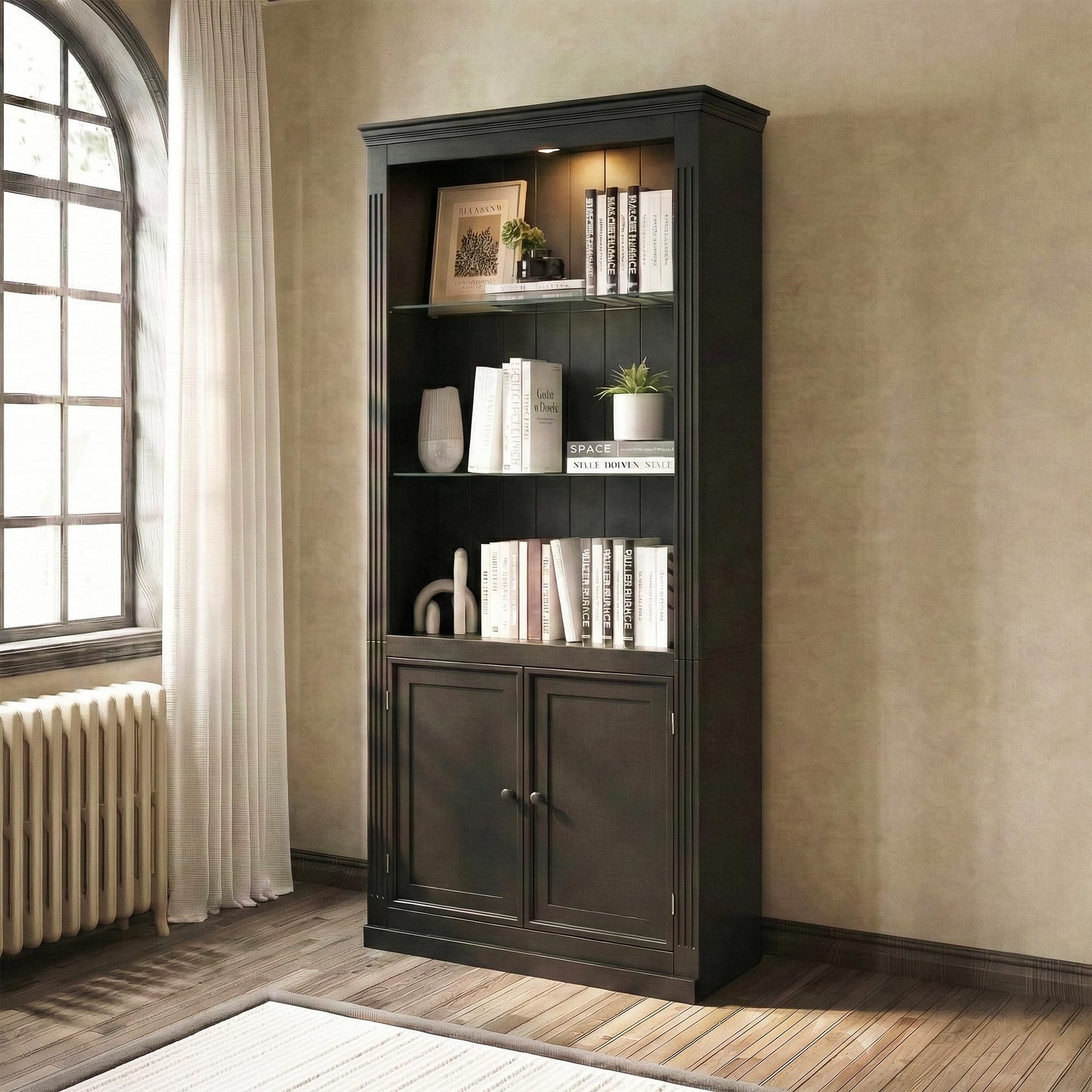Merax Black Narrow Bookshelf 35" Wide 79" MDF Tall Bookcase Collection Books Storage Cabinet with Adjustable 5 Colors Ceiling Light for Living Room, Home Office, Studio