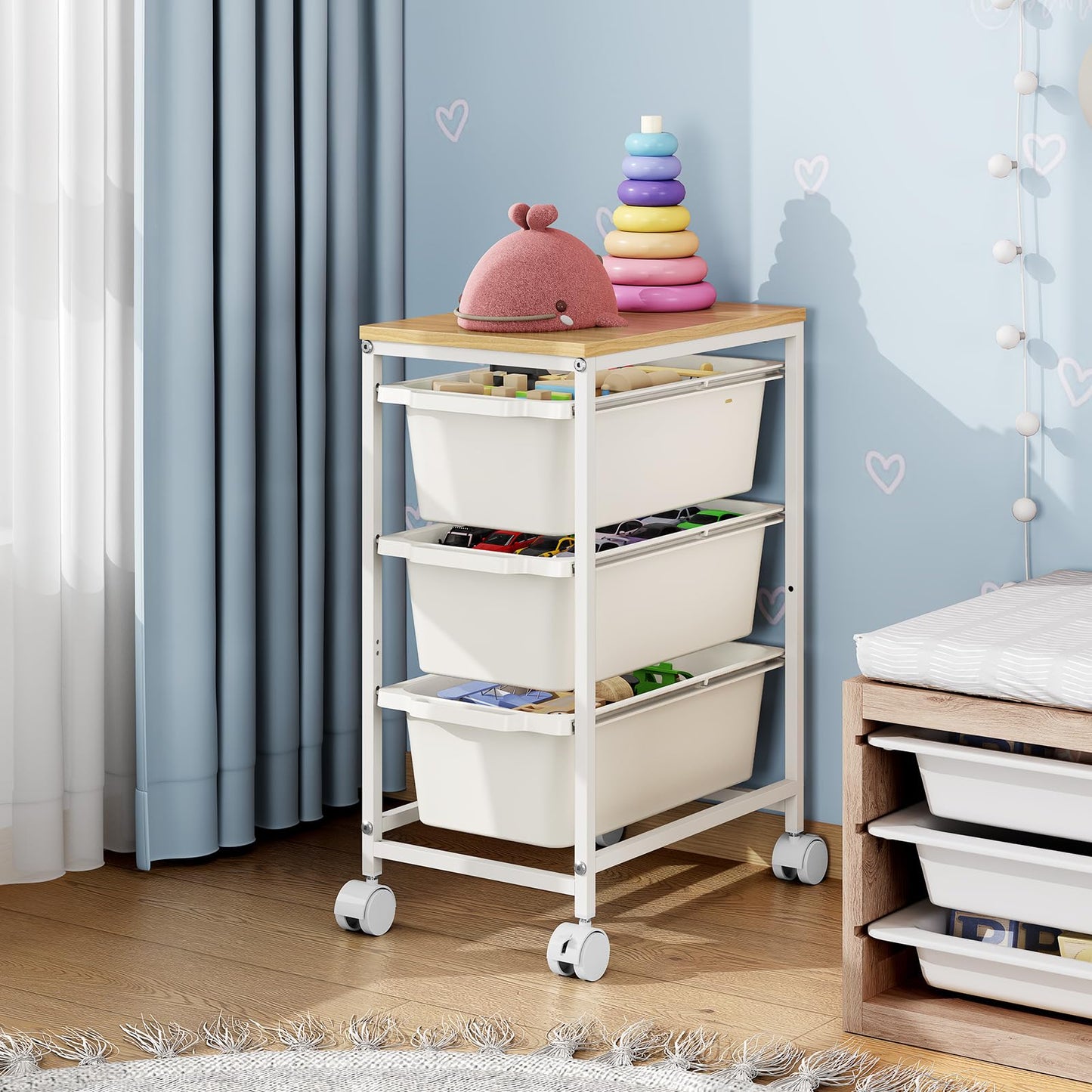 Slim Rolling Storage Cart with 3 Drawers, Craft Organizer, Wooden Tabletop Utility Cart for Bedroom, Children's Room and Office Organization, Under Desk Trolley with Lockable Wheels,White