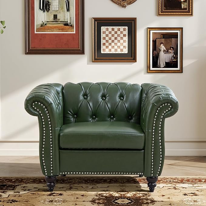 LEVNARY Chesterfield Armchair, Tufted Leather Accent Chair, Mid-Century Modern