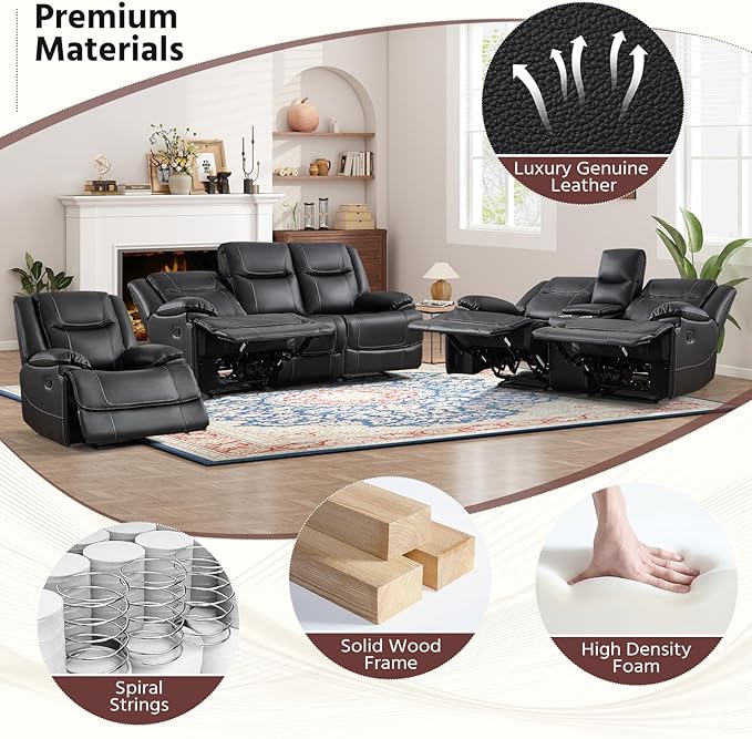 ANJ Premium Genuine Manual Reclining Sofa Set, Included Recliner Chair Set of 2