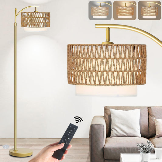 Yusist Arc Floor Lamp for Living Room,Gold Floor Lamps with Remote Control & Dimmable Bulb,Rattan Boho Tall Standing Lamp for Bedroom Office