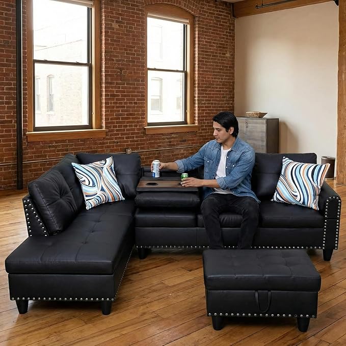 97.5" L Shaped Couch Set Leather, Modular Sectional Couches