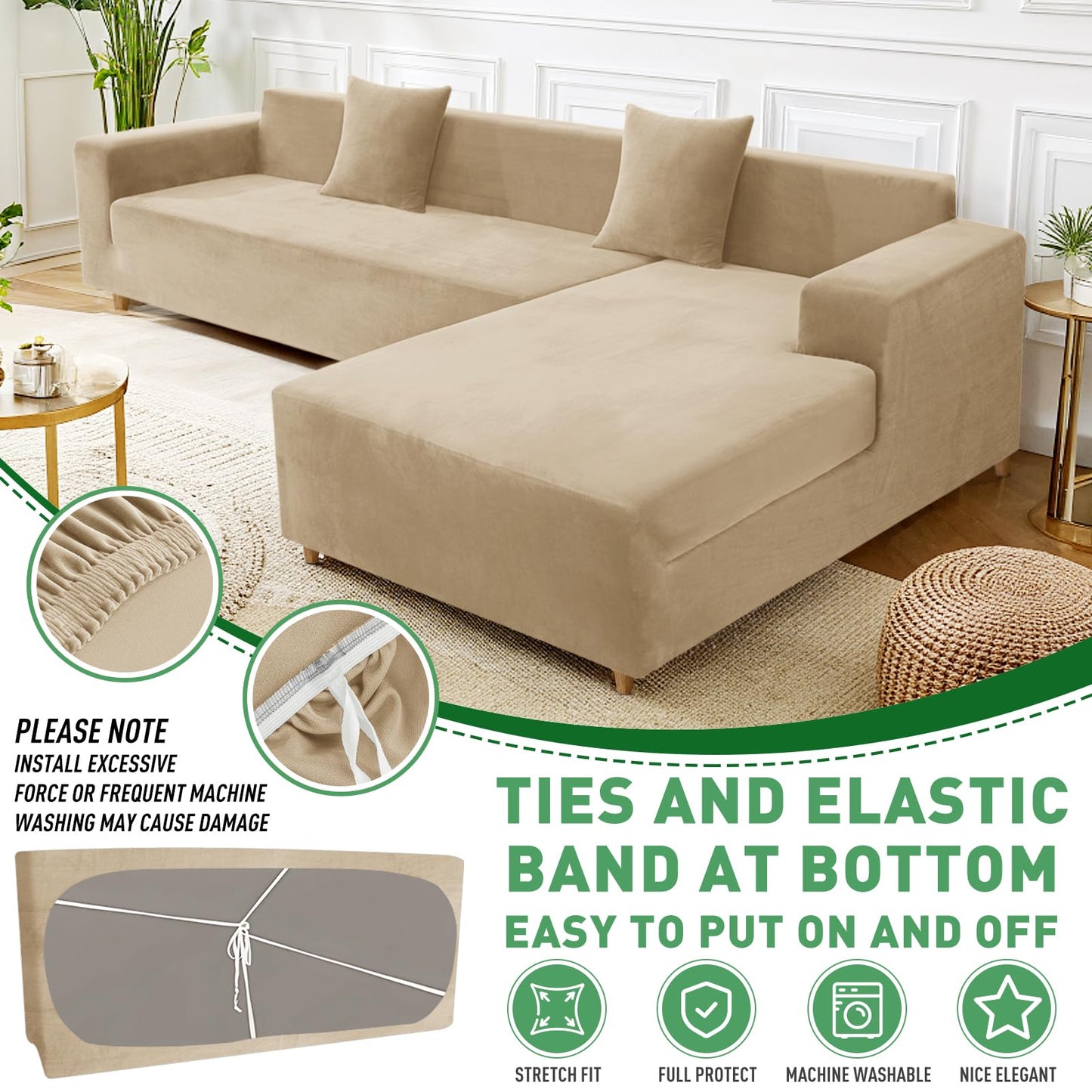 ZNSAYOTX 2026 Soft Velvet Sectional Couch Covers, Luxury Plush Slipcovers with Elastic Bottom for L Shape Sectional Sofa, 2 Pcs Pet Friendly Protector (3 Seat Couch + 2 Seat Chaise, Camel)