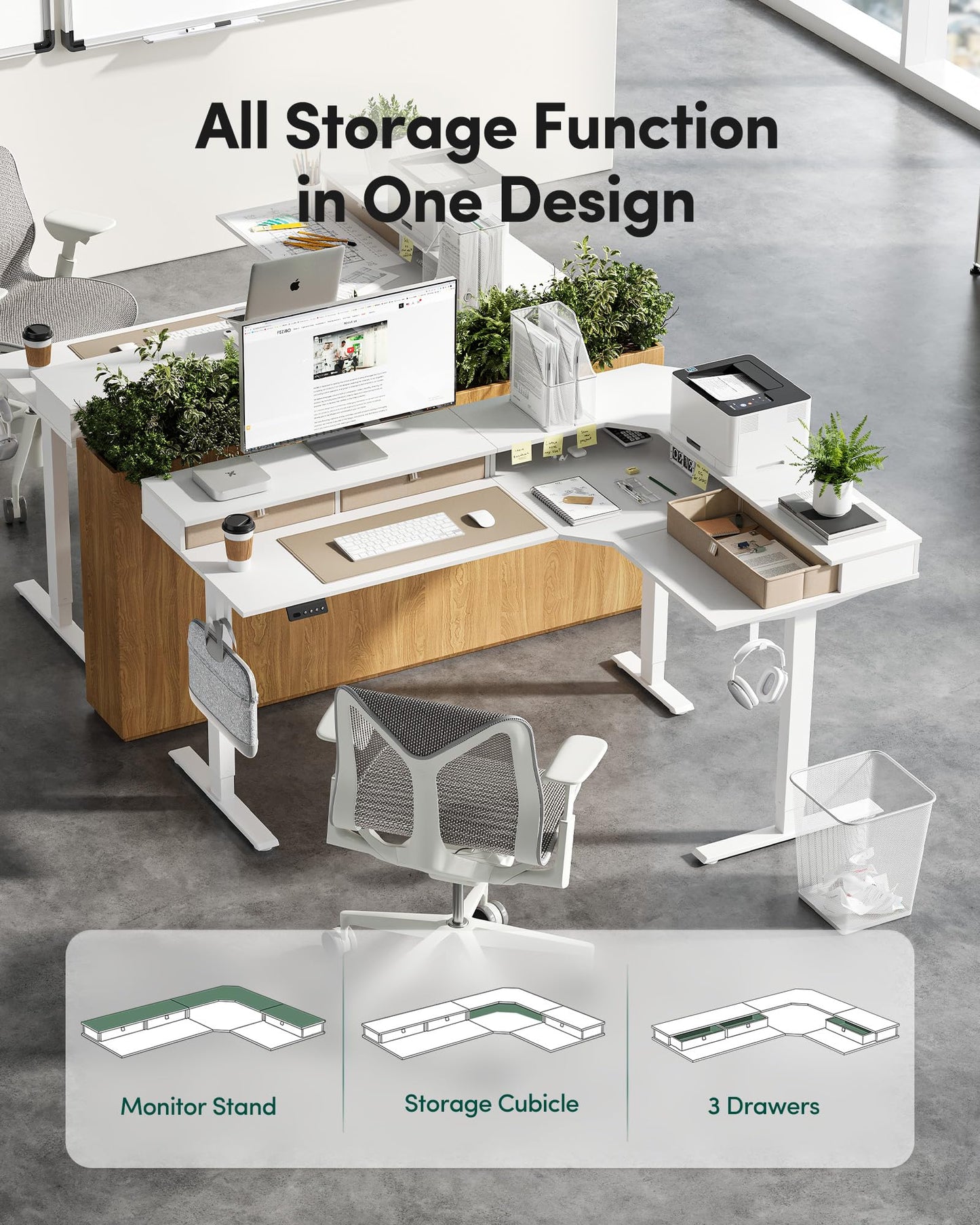 FEZIBO L Shaped Standing Desk, Electric Corner Desk with Drawers, 63 x 48 Inches Reversible Tabletop, Ergonomic Computer Desk, White Top