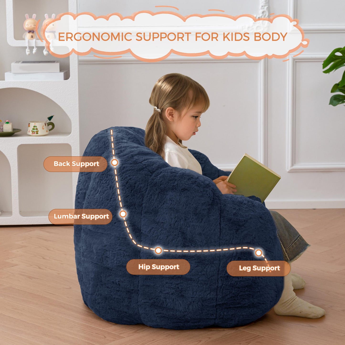 MAXYOYO Kids Bean Bag Chair, Floral Shaped Bean Bag Sofa, Plush Faux Fur Toddler Couch with Petal Backrest for Boys Girls, Stuffed Cozy Sofa for Nursery, Bedroom, Navy