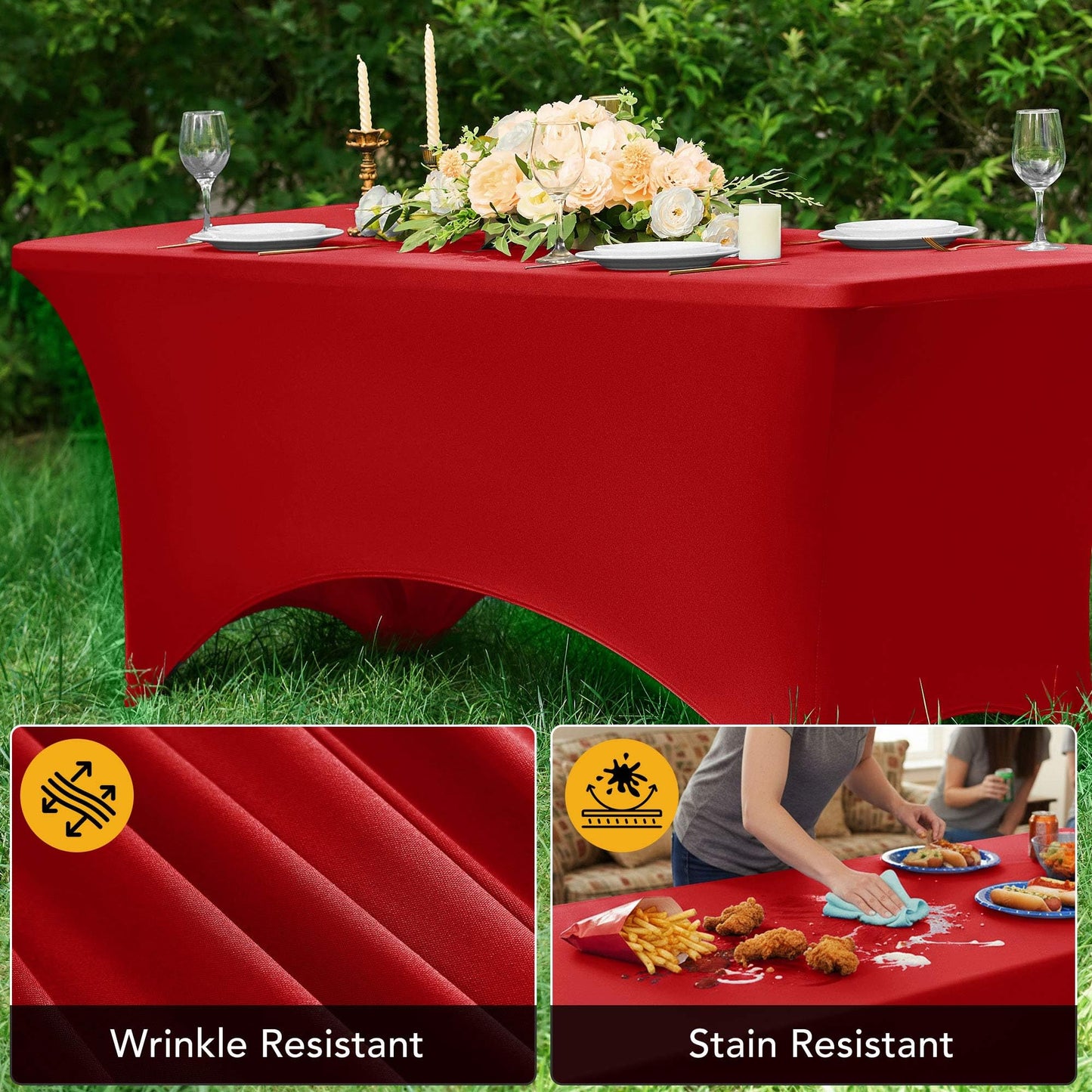 Dailyset 6-Pack Premium Red Spandex Tablecloths for 6ft Rectangle Tables, Stain & Wrinkle-Resistant, Washable Stretch Polyester Fitted Table Cover for Weddings, Banquets, Trade Shows Events