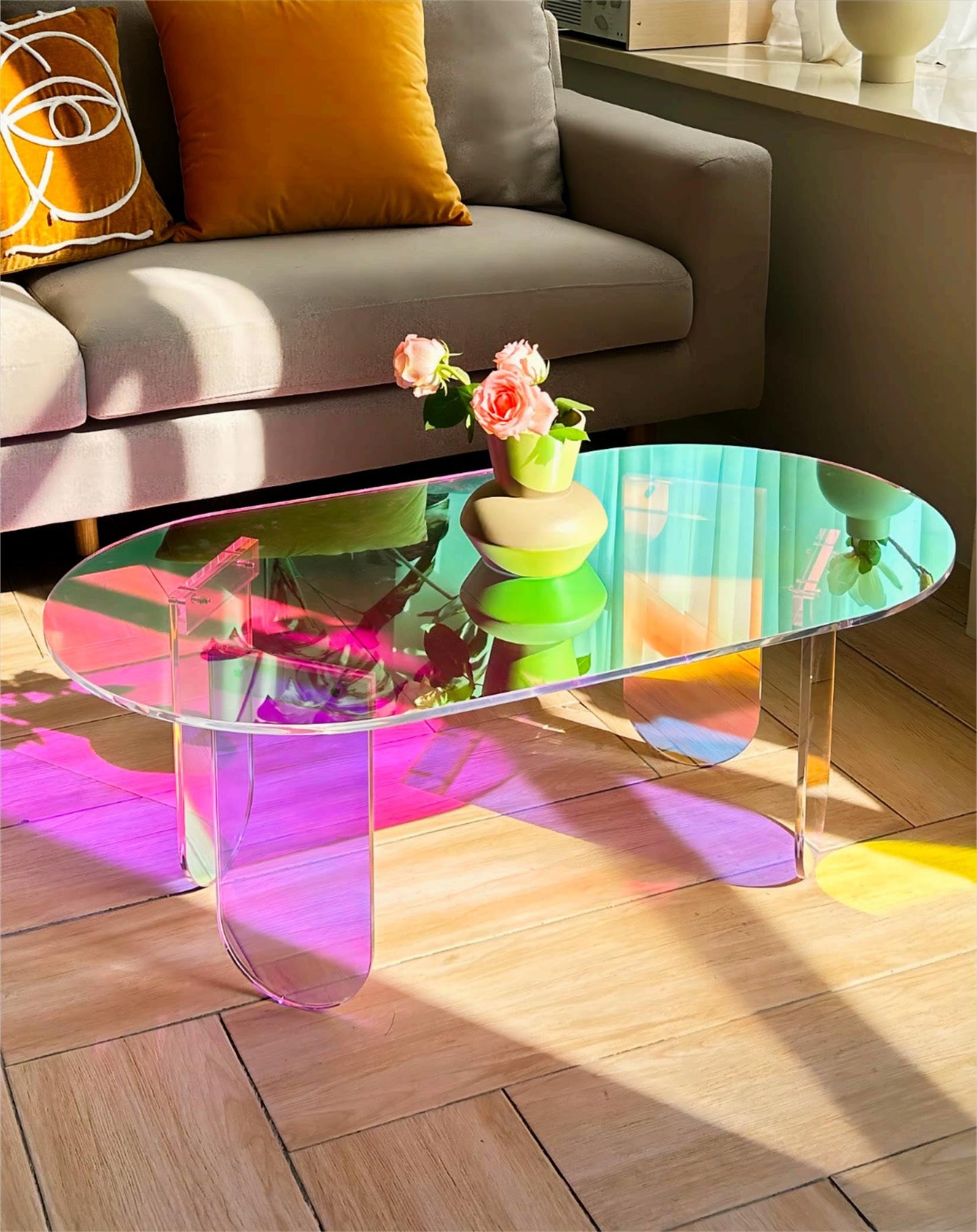 Artloge Iridescent Acrylic Coffee Table: Colorful Small Accent Clear Table