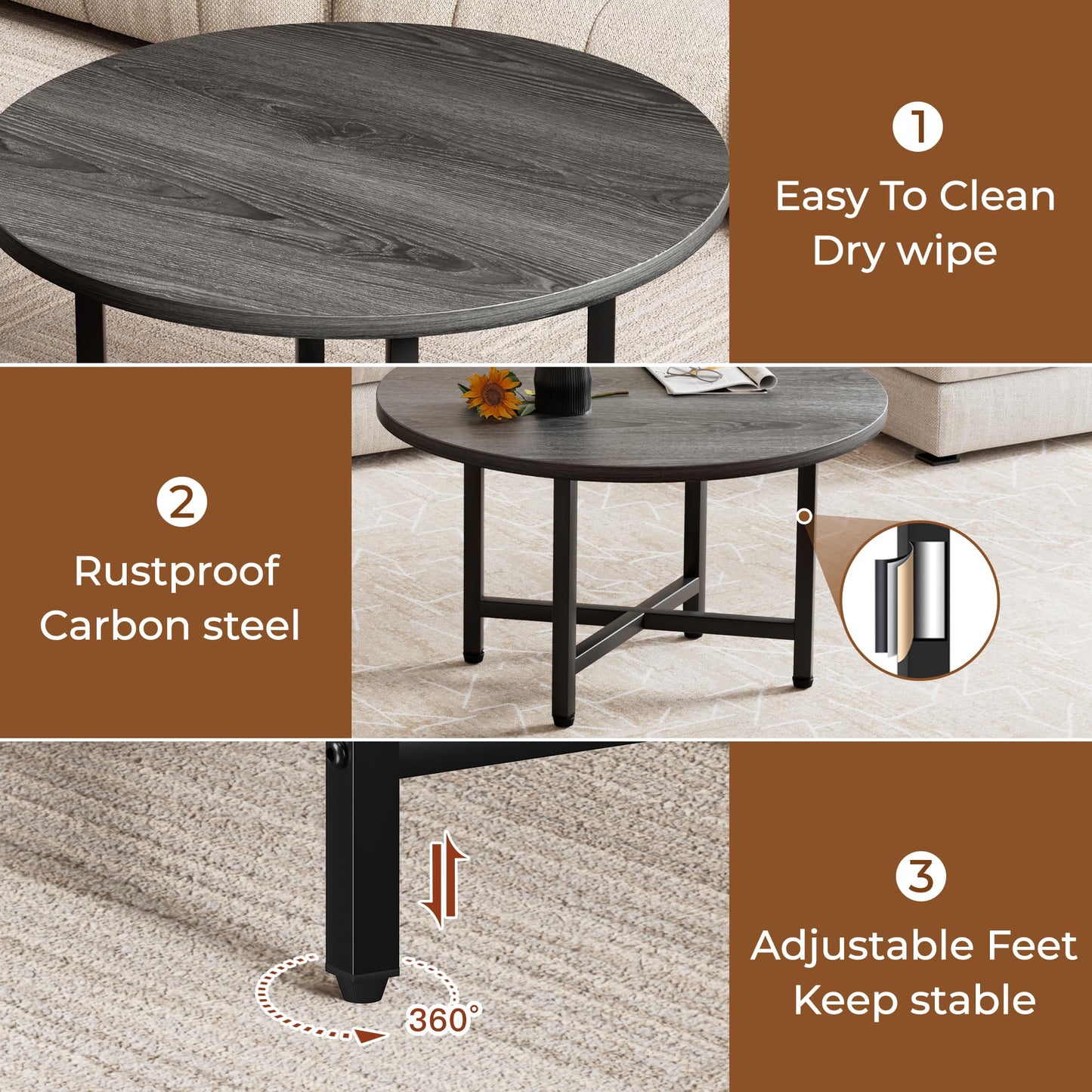 FURMORENE Coffee Table, 23.6" Small Coffee Tables, Gray Round Coffee Tables for Living Room, Floor Table for Sitting on The Floor, Center Coffee Table with Metal Frame for Office Apartment Home