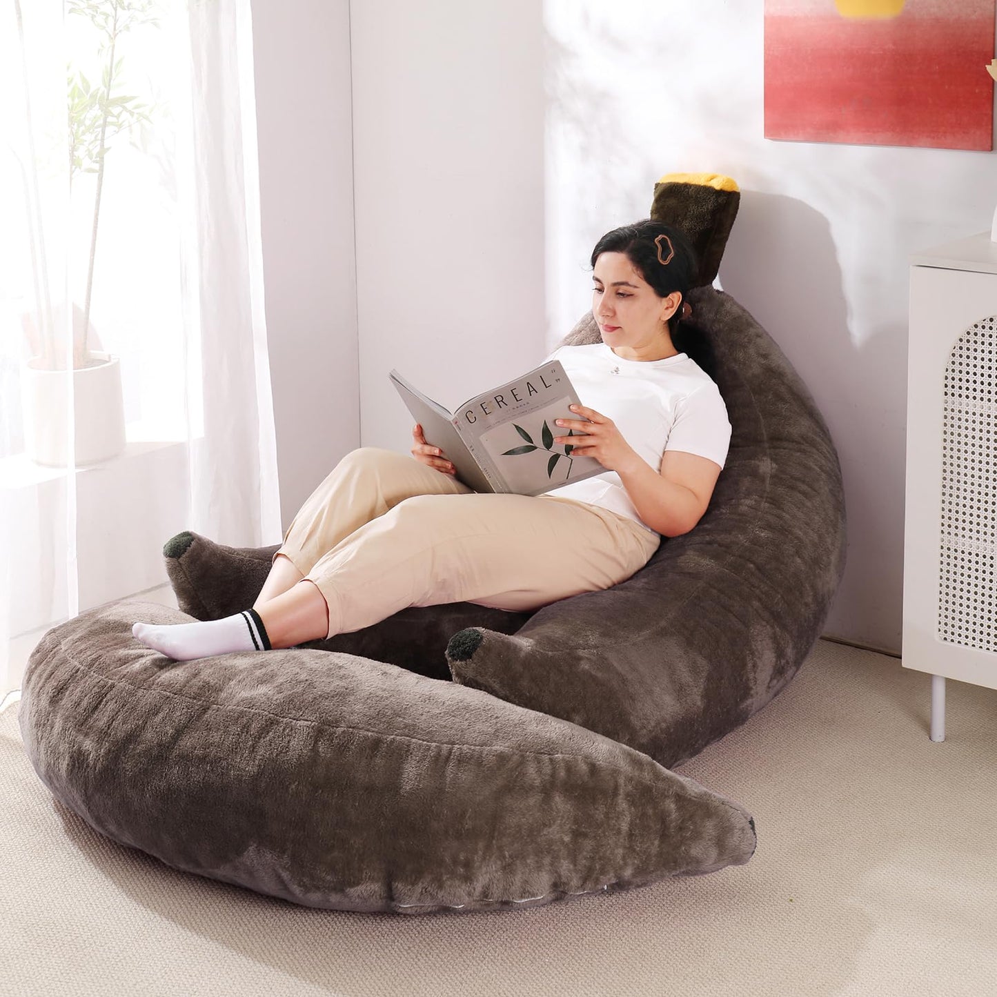 IEVENW Banana Bean Bag Chair with Ottoman, Floor Sofa Bed with Footrest, Comfy Convertible Lounger for Adults, Plush Couch for Bedroom, Living Room or Dorm, L-Coffee