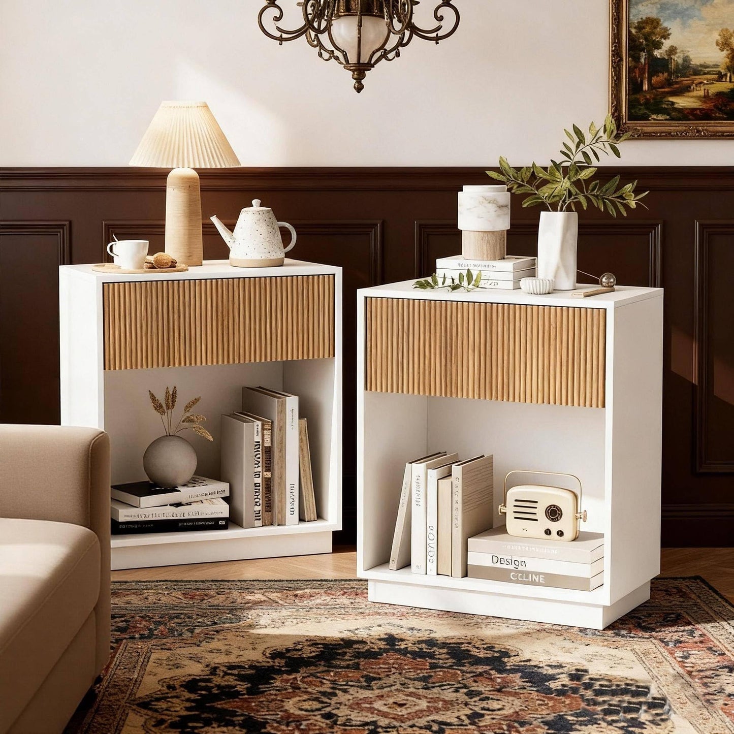 Fluted Nightstands Set of 2, Modern Bedside Table with Storage Drawer and Open Wood Shelf, Wood End Table Mid Century Night Stands for Bedroom Living Room Sofa Couch Office White & Oak