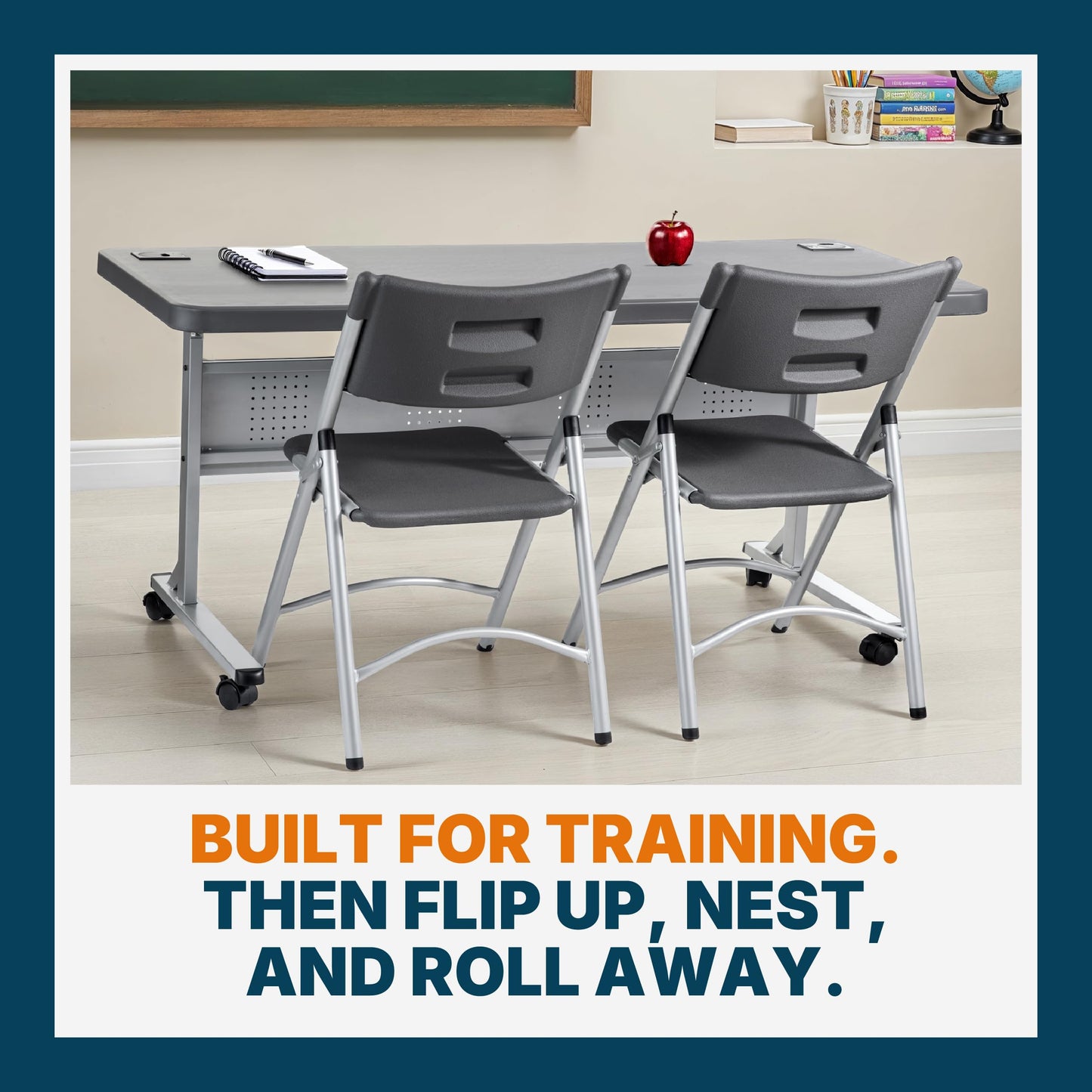 OEF Furnishings OEFBPFT2460-20 Commercial-Grade Premium Industrial Nesting Flip-Top Blow-Molded Training Table with Steel Frame and a 1.75" Thick Surface (24" × 60", Charcoal Slate Top)