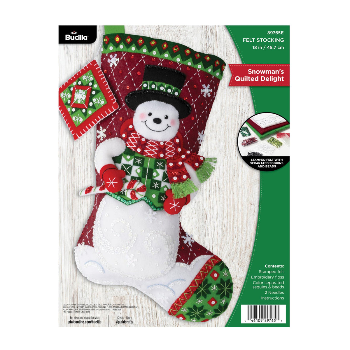 Bucilla Felt Applique 18" Stocking Making Kit, Snowman's Quilted Delight, Perfect for DIY Arts and Crafts