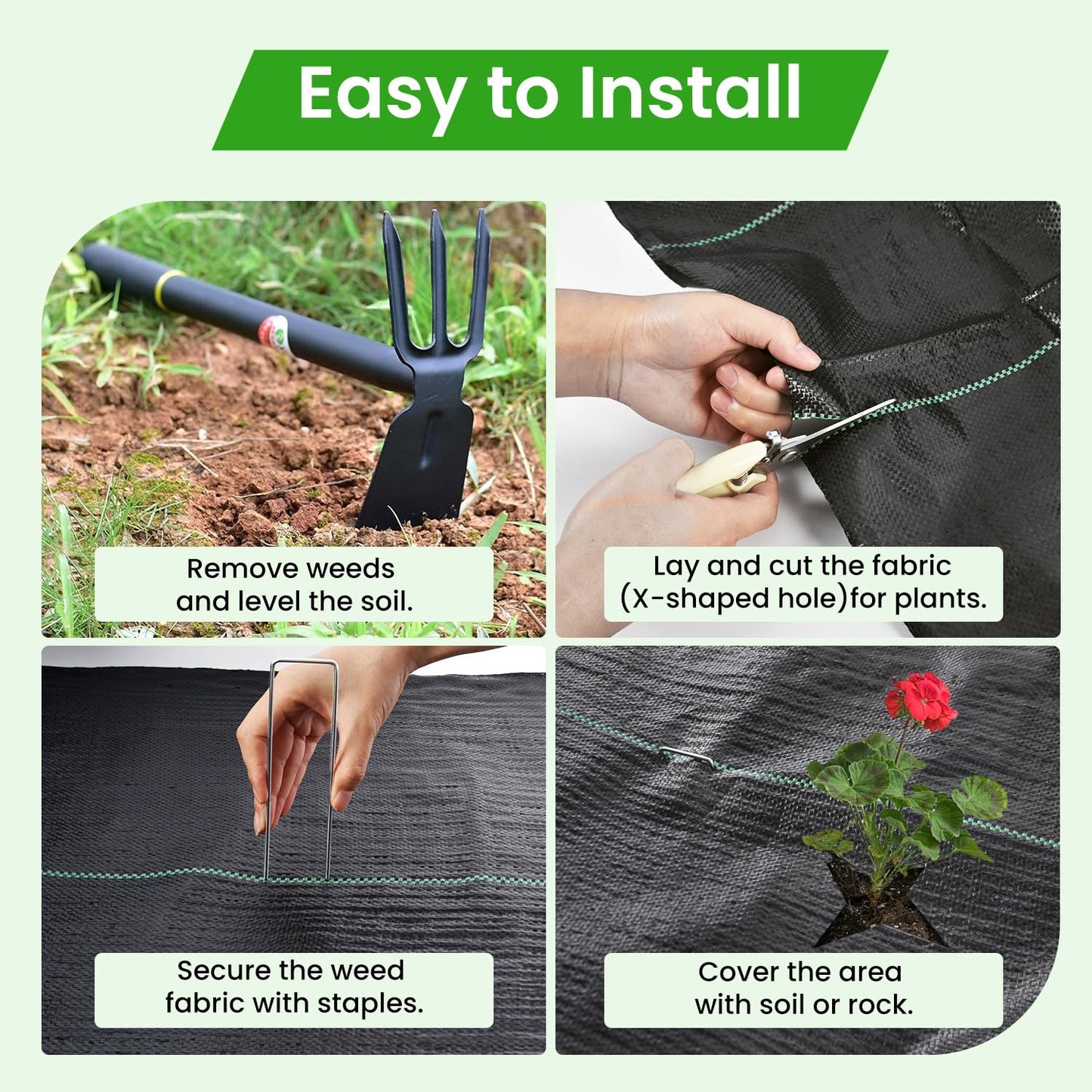 Rintea 6FTX300FT Weed Barrier Fabric, 3.2oz Landscape Fabric, Durable Weed Barrier Fabric Heavy Duty with 20 U-Shaped Securing Pegs for Landscaping Weed Blocker Garden Bed Cover, Commercial Driveway