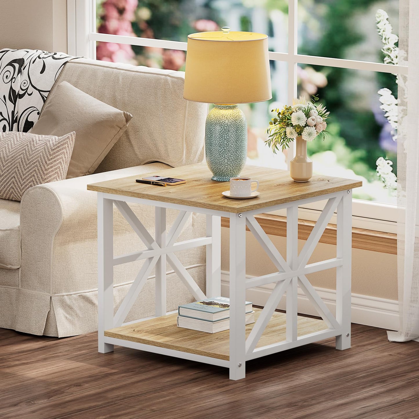 GreenForest End Table with 2-Tier Storage Shelf, 24 inch Large Side Table for Living Room, Modern Nightstand for Bedroom Bedside Office Farmhouse, Oak