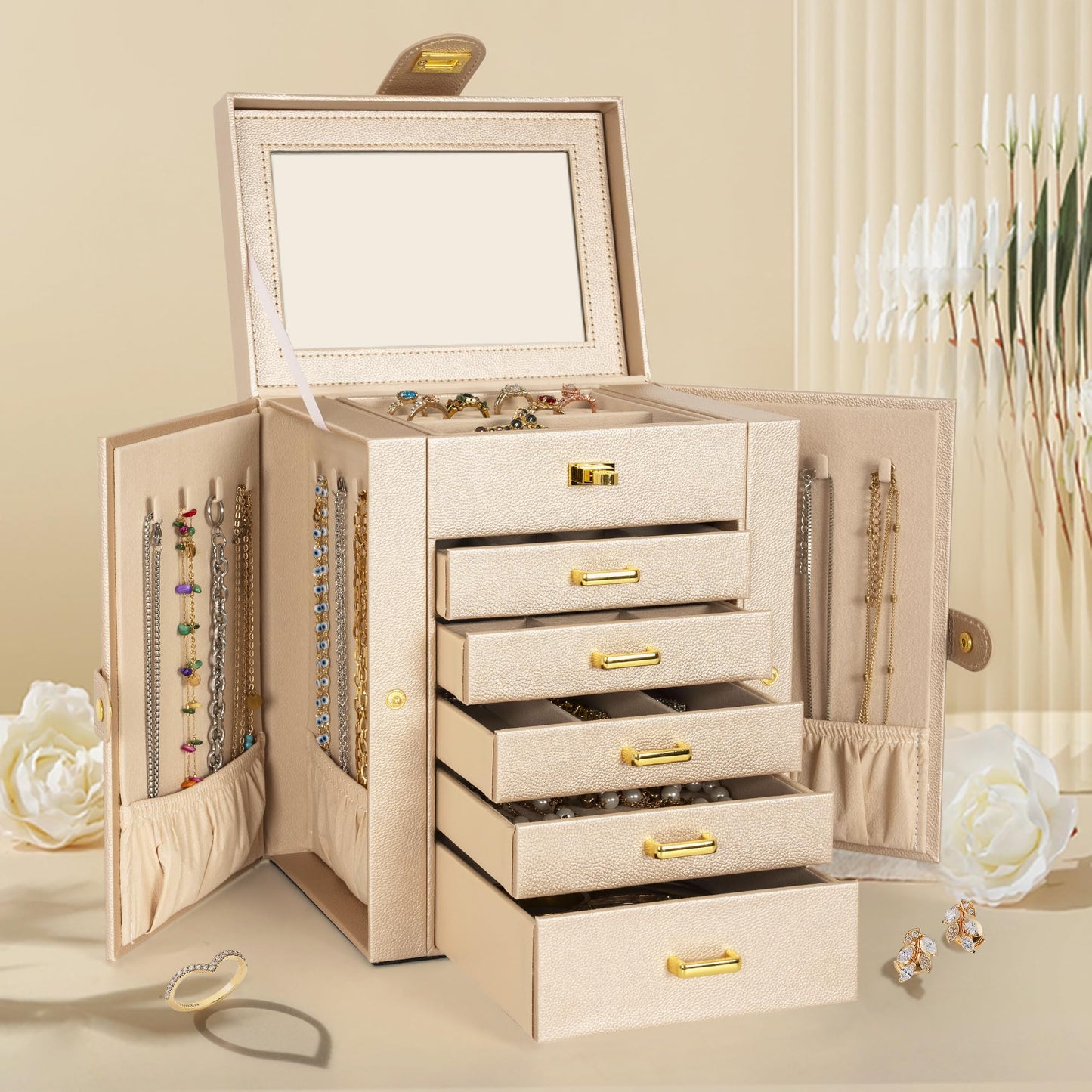 AKOZLIN 6-Tier Jewelry Box Organizer Functional 5 Drawers Leather Jewelry Storage Case for Women Girls Ring Necklace Earring Bracelet Holder Organizer with Mirror Champagne Regular