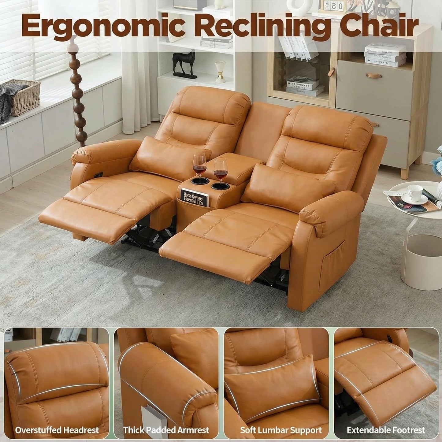MANBUR RV Reclining Loveseat Sofa with Console, Wall Hugger Recliner Sofa, Double Recliner Home Movie Theater Seating with Cup Holders & Storage (Faux Leather Orange)