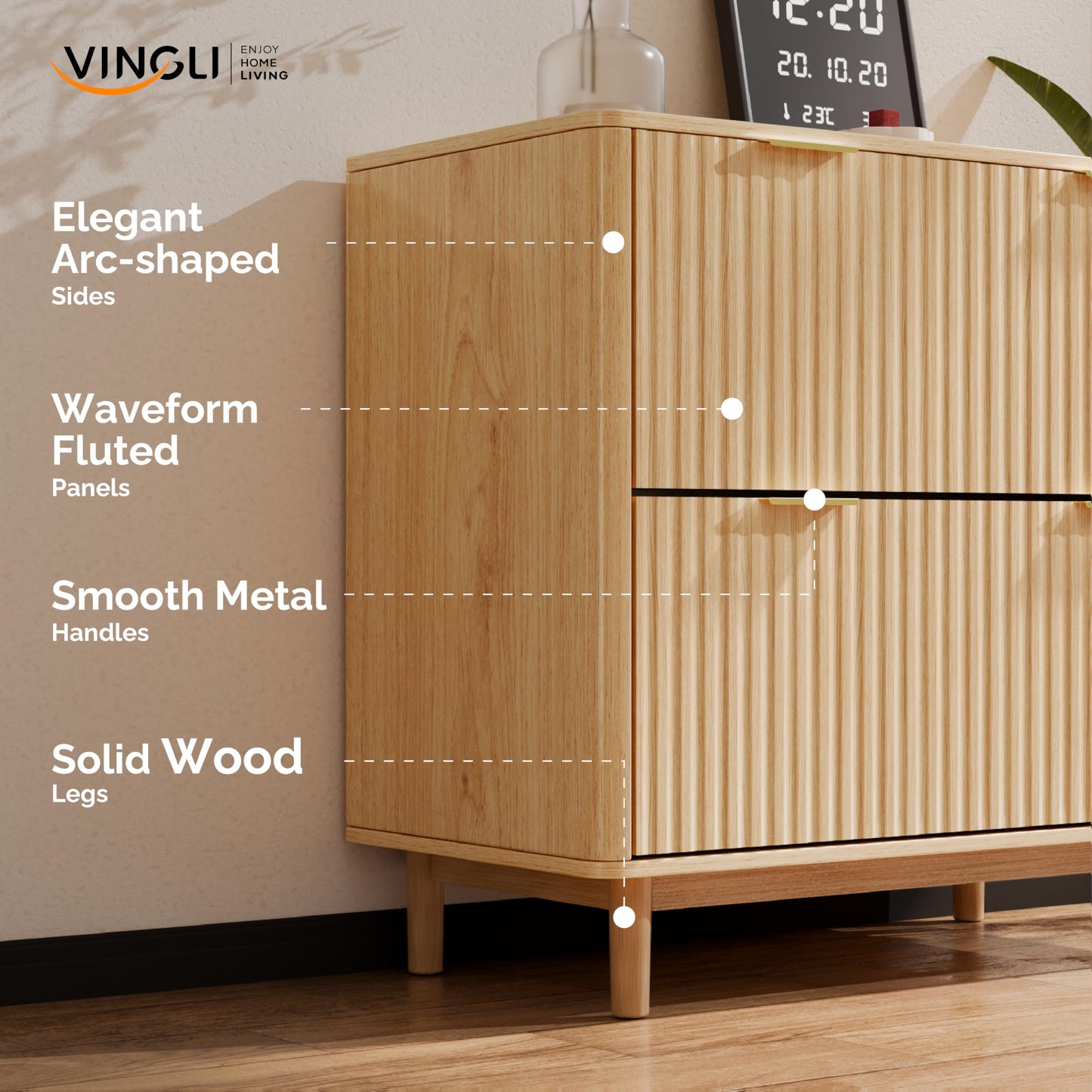 VINGLI 2 Drawer File Cabinet, Home Office Filing Organizer, for Letter Legal A4 Size File Folder Storage, Modern Style Fluted Design, Wood Lateral Filing Cabinet, Printer Stand, Archivador (Oak)