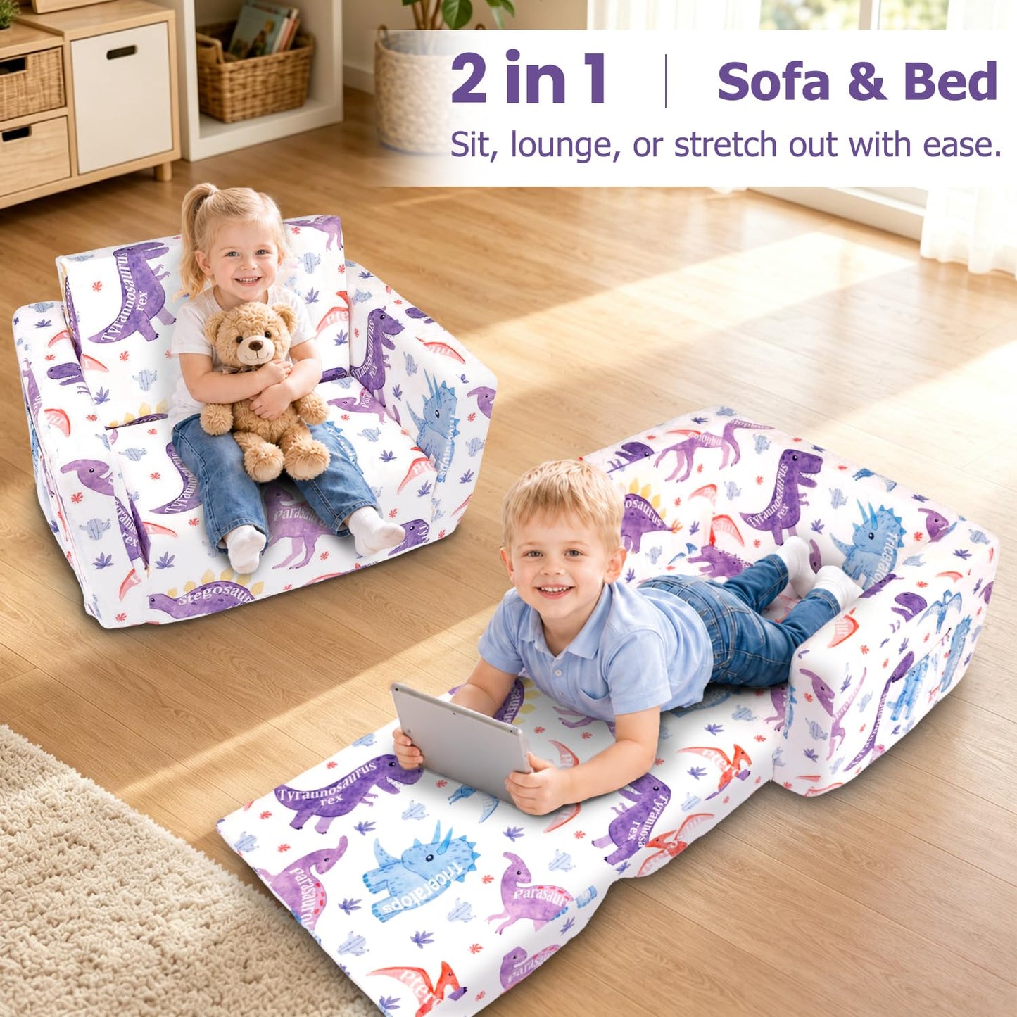 Beavtaens Kids Couch, 2-in-1 Kids Fold Out Couch, Convertible Sofa to Lounger for Girls and Boys, Soft Toddler Chairs Comfy 1-3 Years Old - White Dinosaur