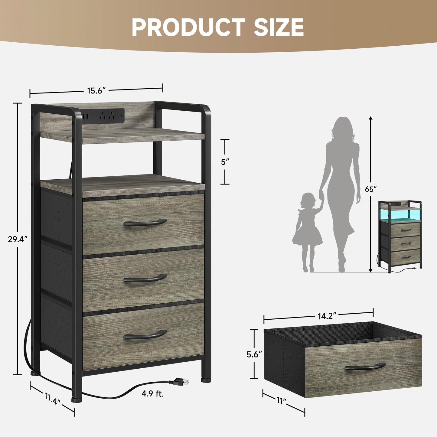 Lazzanto Night Stand with Charger Station - Grey Nightstand with LED Light Strip, Morden Bedside Table with USB Ports & AC Outlets, End Table with Storage Shelf & 3 Fabric Drawers