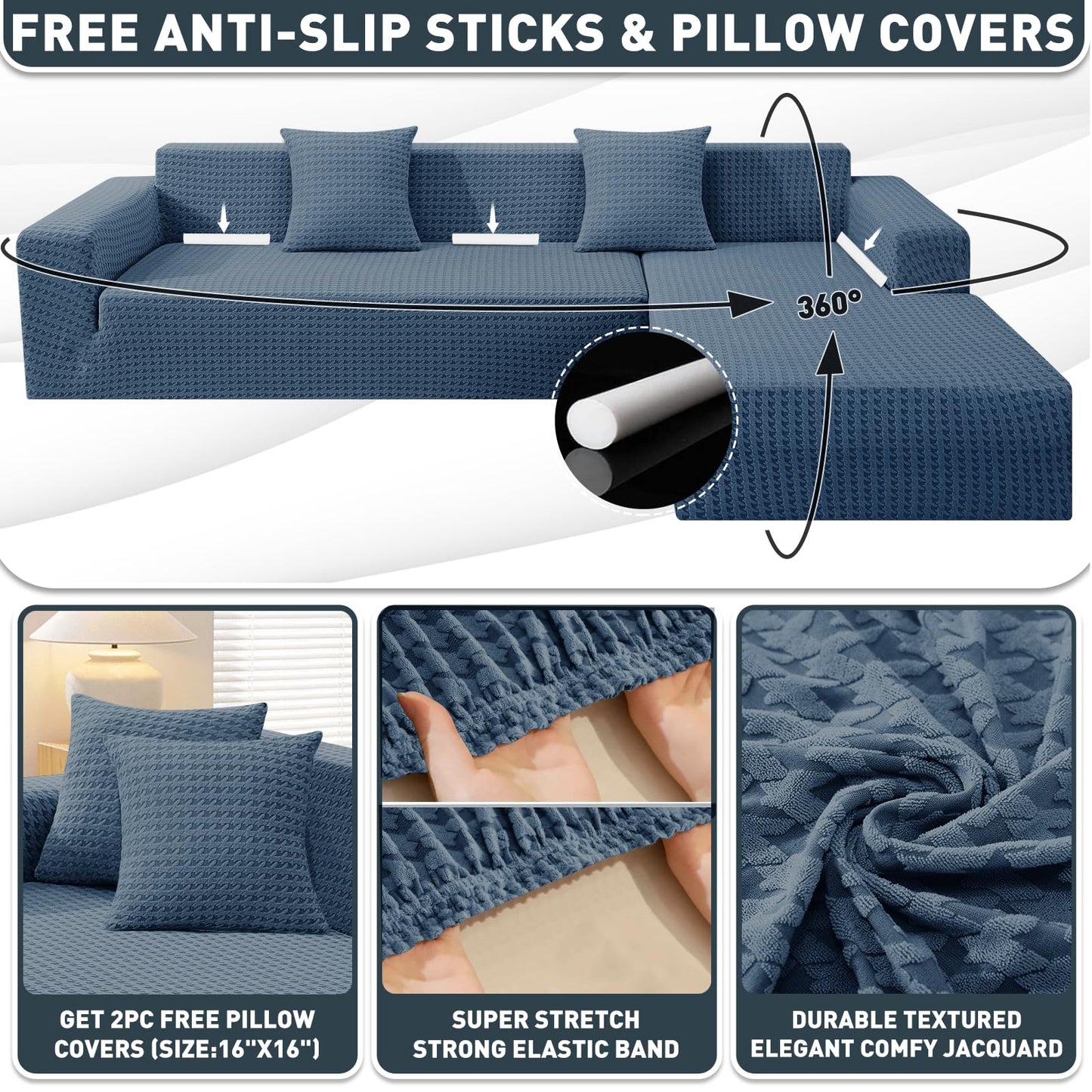 ZNSAYOTX Stretch Sectional Couch Covers New-Houndstooth Texture, Thick Slipcovers with Elastic Bottom for L Shape Sectional Sofa, 2 Pcs Pet Friendly Universal Protector (Sofa or Chaise), Dark Grey