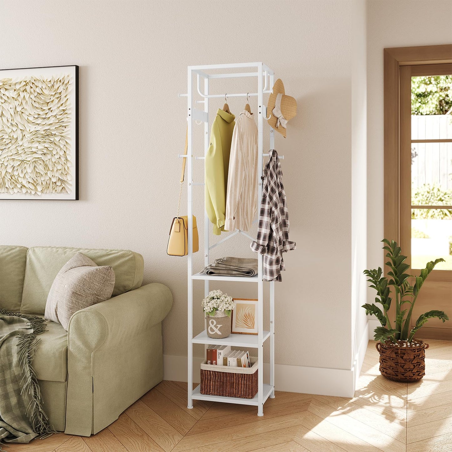 ELYKEN Coat Rack Freestanding, Hall Tree with 3 Storage Shelves and 12 Hooks, Industrial Clothes Rack Stand Organizer for Bedroom, Hallway, Entryway, Office, Living Room, White