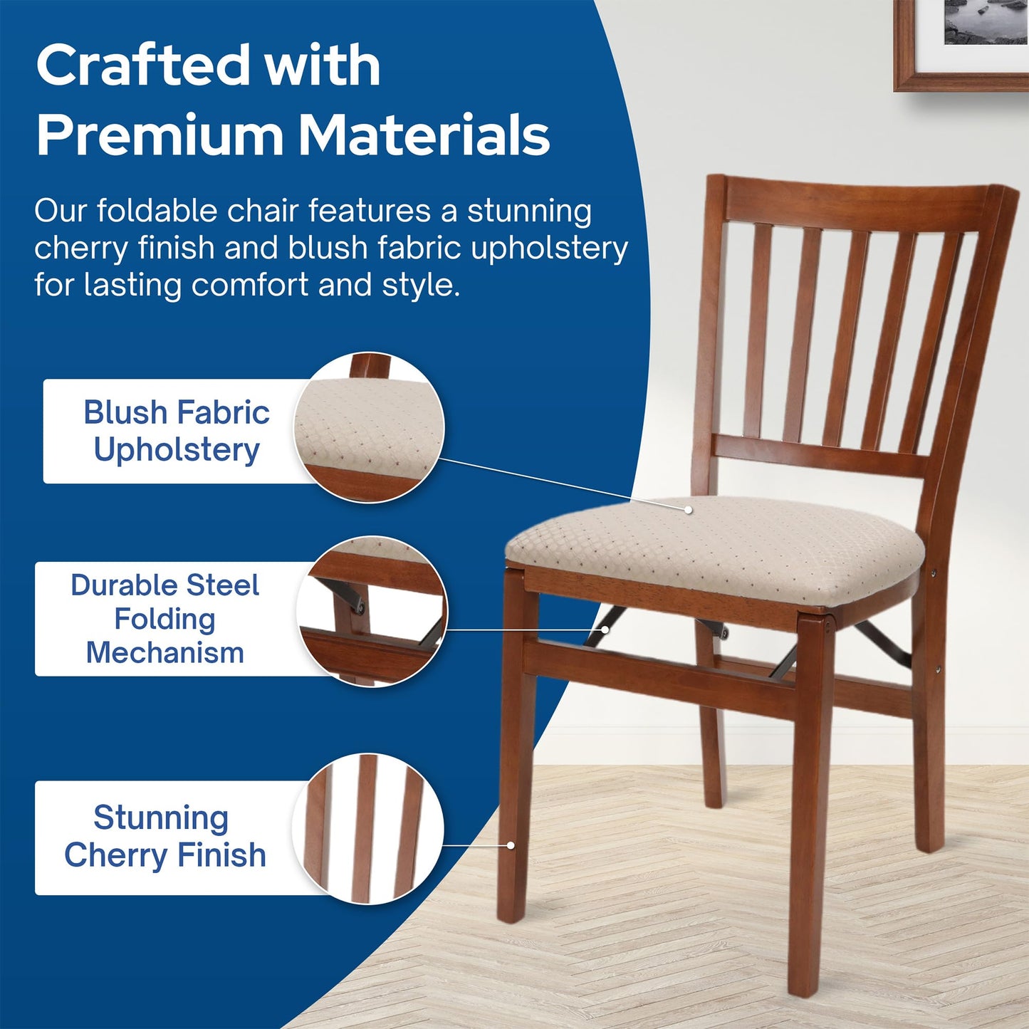 MECO Stakmore Premium Solid Wood Dining Table Compact Folding Chair Set with Blush Fabric Padded Upholstered Seat, Fruitwood (Set of 2)