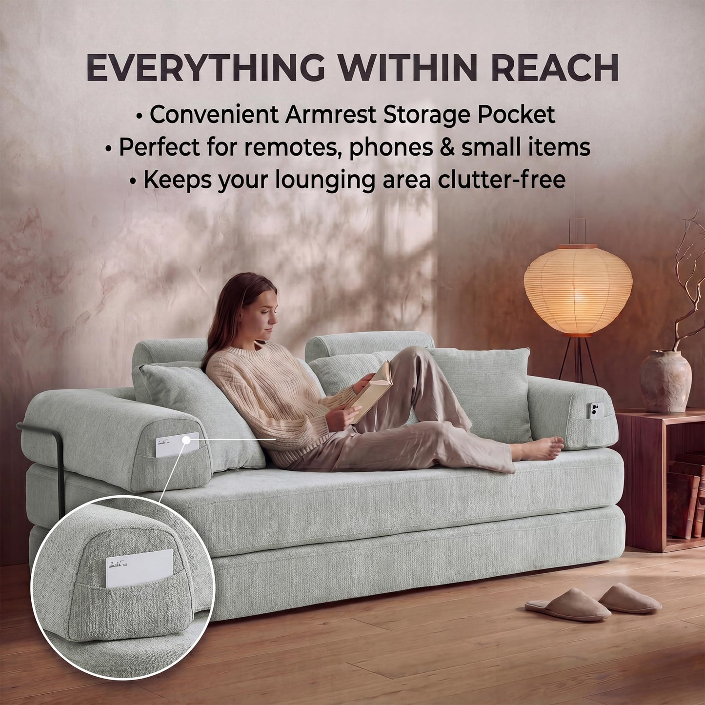 Boneless Floor Sofa, 3-in-1 Convertible Loveseat Sleeper Futon, Modular Small Space Couch Bed with High Headrests & Side Storage Pockets & 2-in-1 Pillow Blanket for Living Room, No Assembly, Bedroom