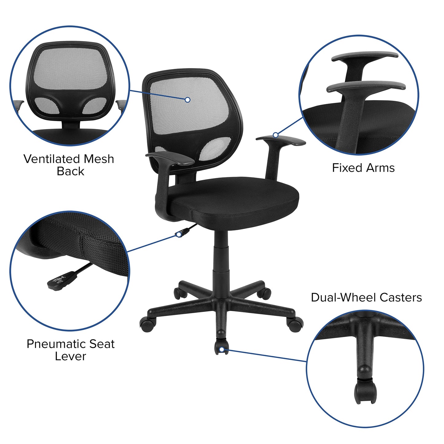 Flash Furniture Flash Fundamentals Mid-Back Black Mesh Swivel Ergonomic Task Office Chair with Arms