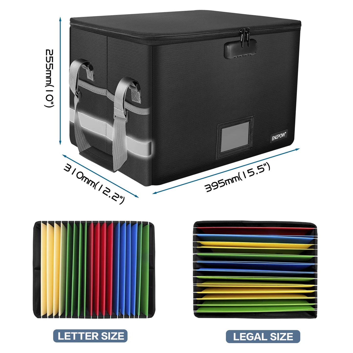 ENGPOW File Box with Lock, Fireproof Document Box with Pockets, Collapsible File Organizer Filing Storage Cabinet with Handle, Portable Home Office Safe for Hanging Letter/Legal Folders,Black,2 Pack