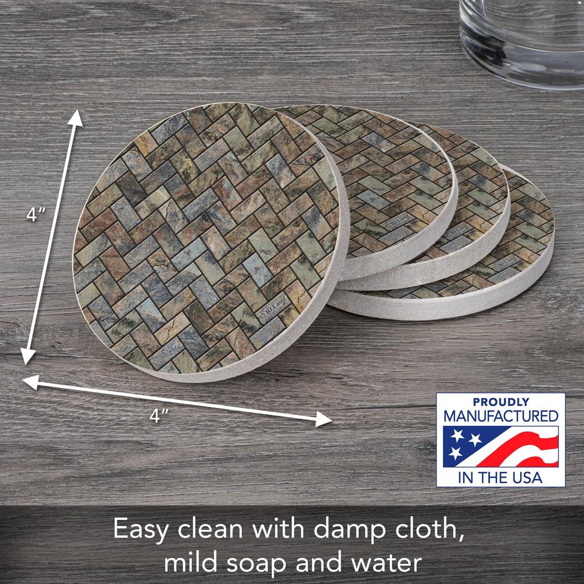 Thirstystone Stone Herringbone Pattern Natural Sandstone Coaster 4 Pack Eco-Friendly, Absorbent, Easily Wipes Clean