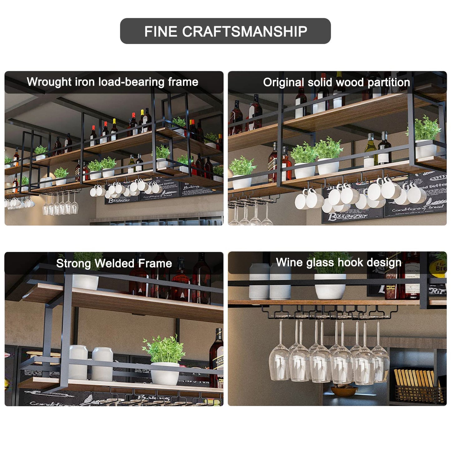 Ceiling Wine Glass Rack - 31.4in Hanging Wine Rack with Glass Holder and Shelf, 2 Layer Industrial Hanging Wine Bottle Holder, Gold Metal Ceiling Shelf for Bar Cafe Kitchen (Gold, 31.4×11.8×31.4in)