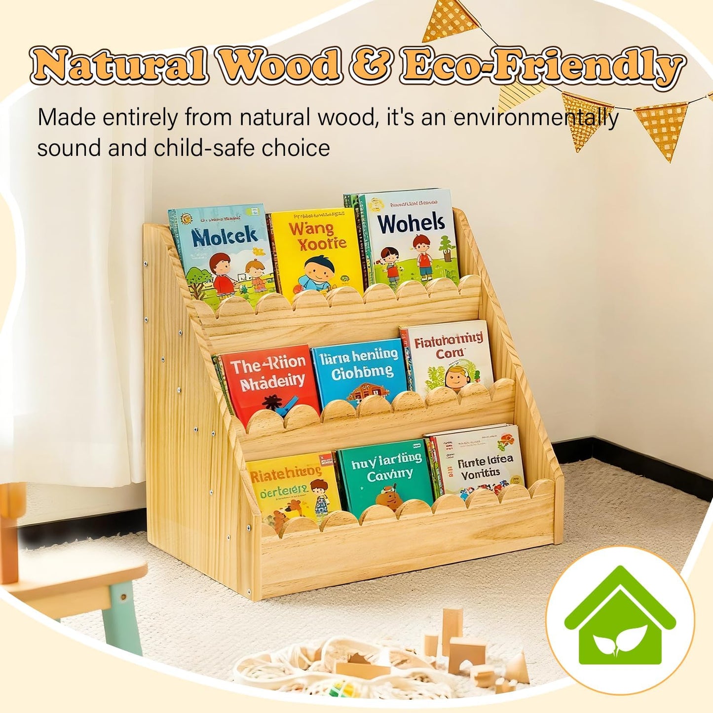 LILXIU 3-Tier Scalloped Bookshelf, Montessori Bookcase for Toddlers, Wooden Book Shelf for Kids Rooms, Playroom Nursery Classroom Organizer and Display Furniture