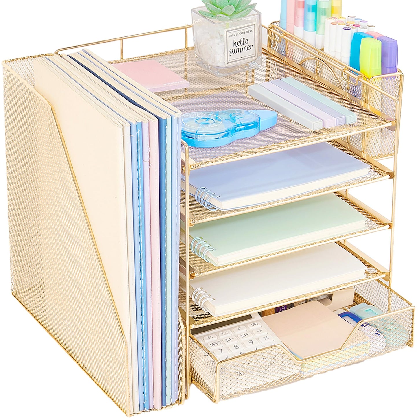 Gugsey Desk Organizers and Accessories, 5-Tier Paper Letter Tray Organizer with File Holder, Drawer & Pen Holder, Office Desk Accessories, Desktop Organizer for Classroom Office Supplies, Gold