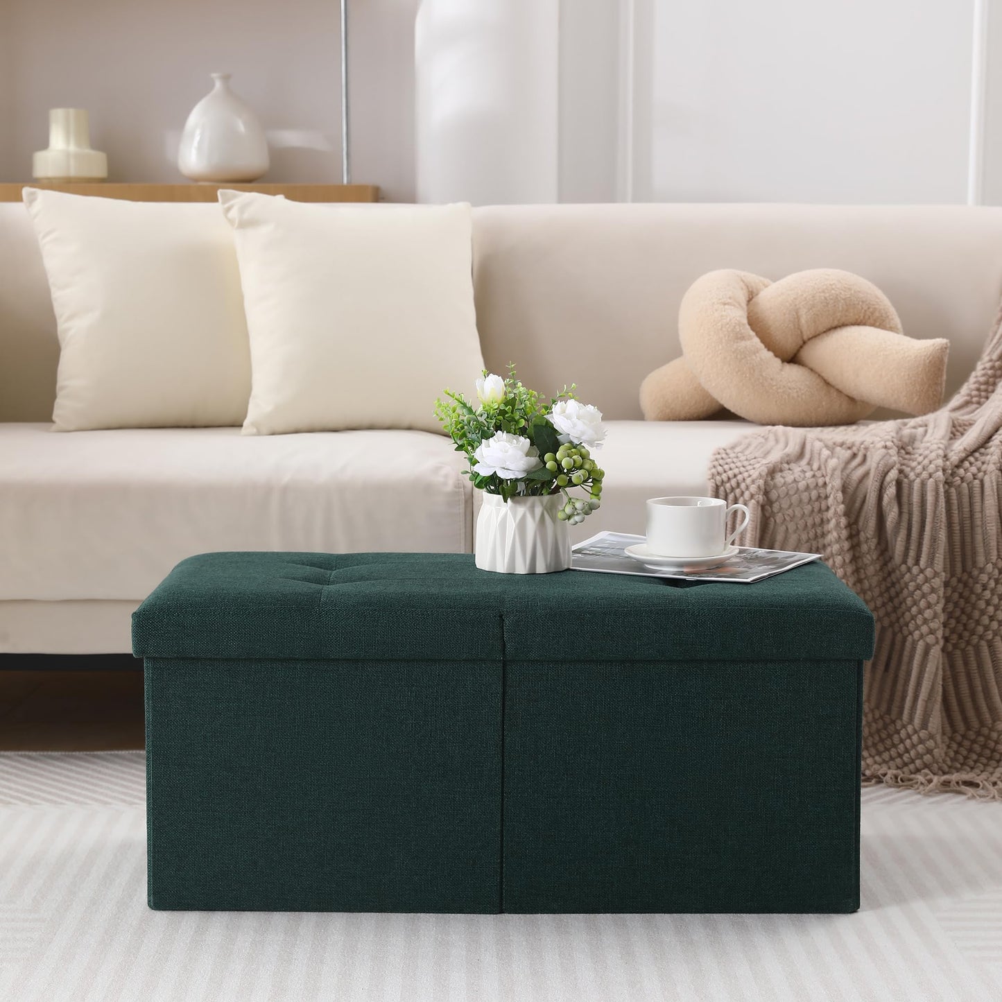 CUYOCA Storage Ottoman Bench Foldable Seat Footrest Shoe Bench End of Bed Storage with Flipping Lid, 75L Storage Space, 30 inches Linen Fabric Emerald, OT026DGN