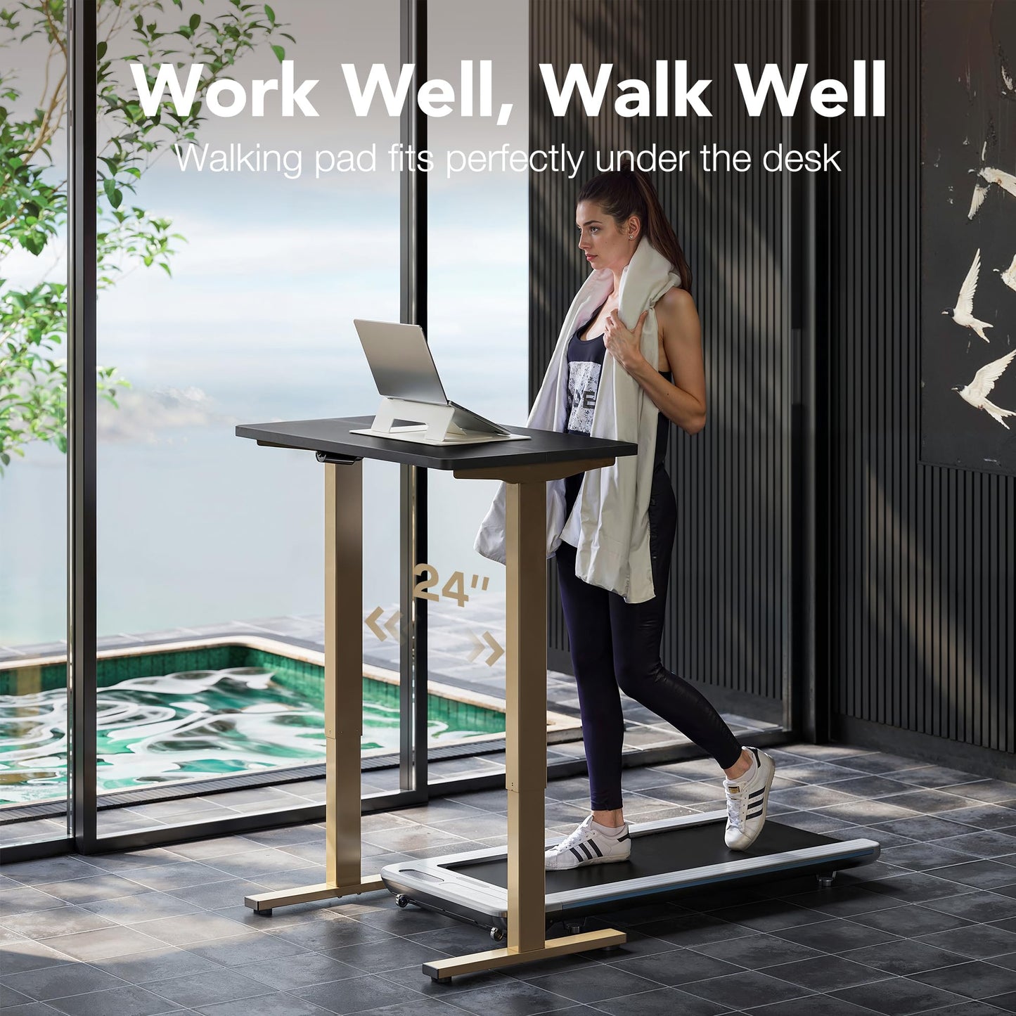 HUANUO 32" Small Electric Standing Desk Adjustable Height, 4 Memory Height Settings, Sit Stand Up Desk for Home Office & Computer Workstation, Black and Gold Frame