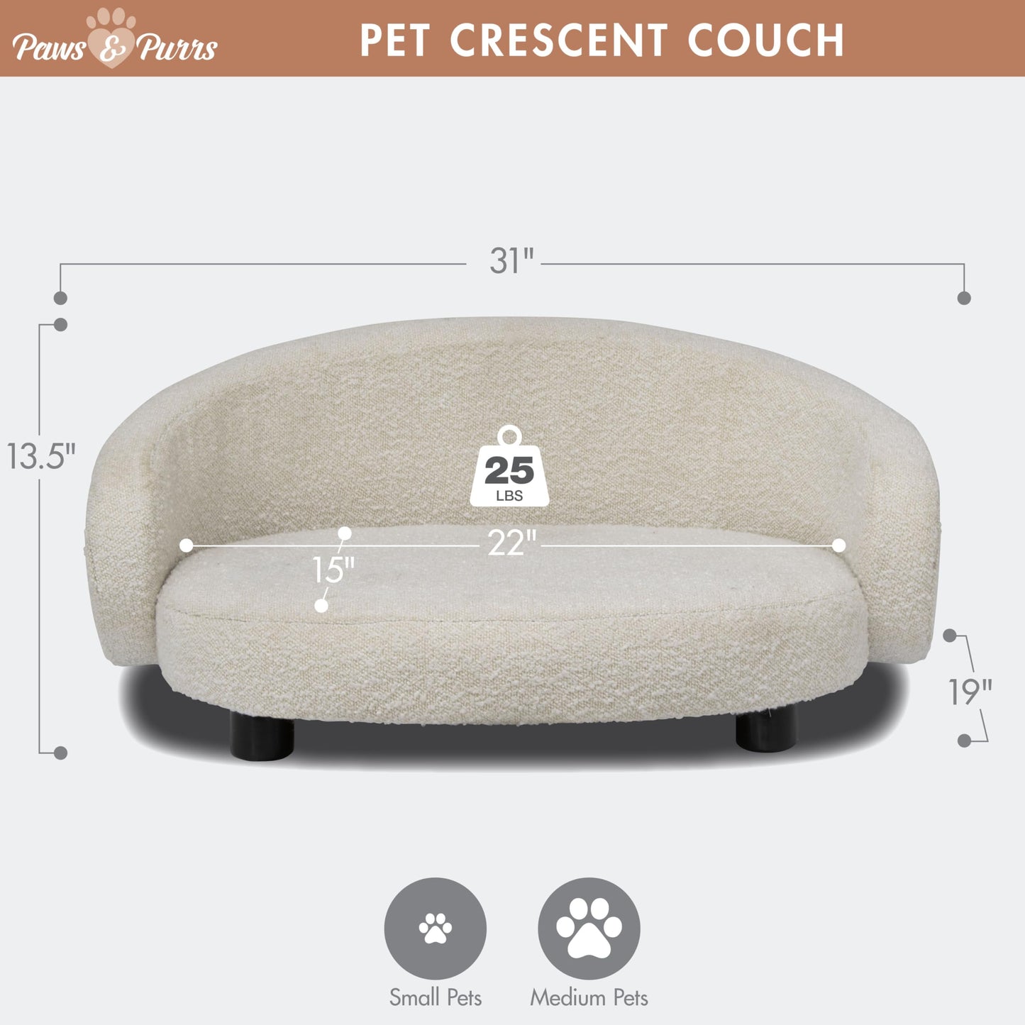 Paws & Purrs Arc Crescent Back Sofa Style Pet Bed, Dog & Cat Modern Couch with Tufted Cushion & Armrest, Stylish Indoor Pet Furniture, Boucle Ivory