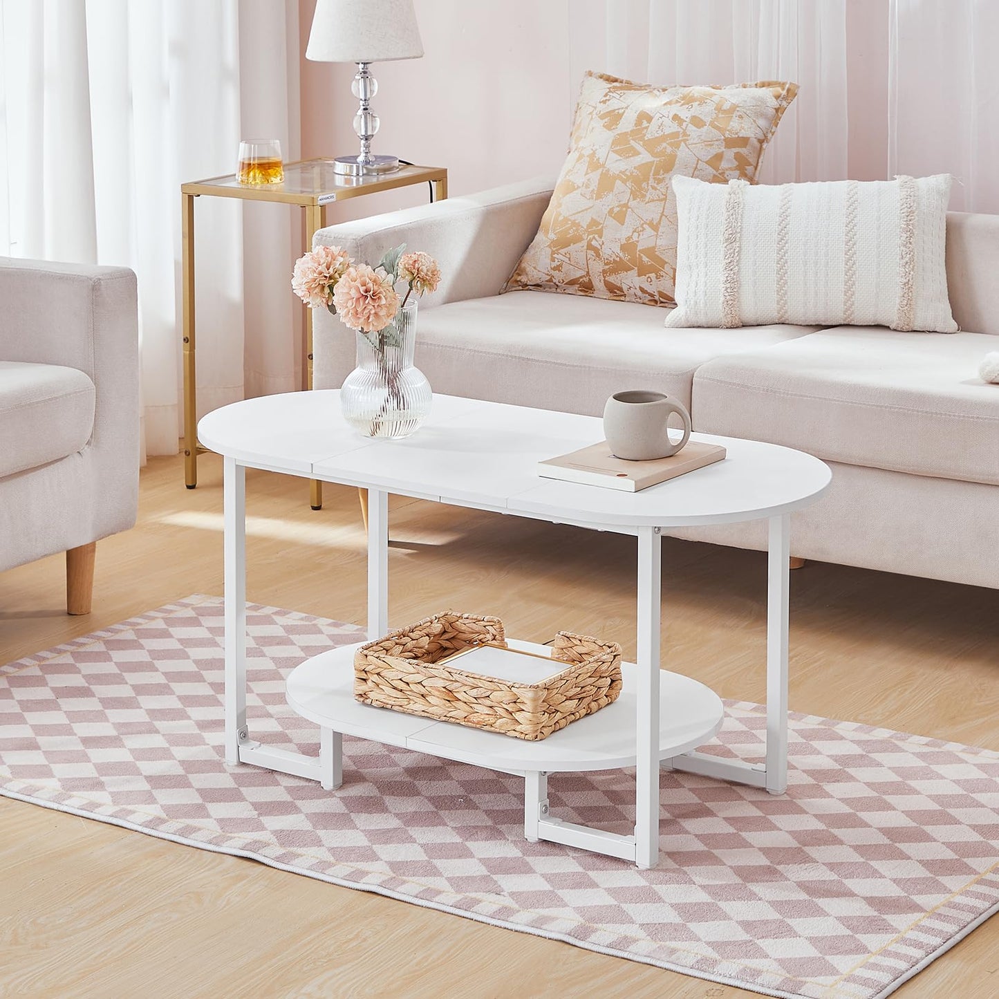 HOOBRO Coffee Table for Living Room, Oval Small Coffee Table with 2-Tier Open Storage Shelf, Industrial Cocktail Tea Table, Wooden Desktop Center Table, Farmhouse, Home Office, White WW09KF01