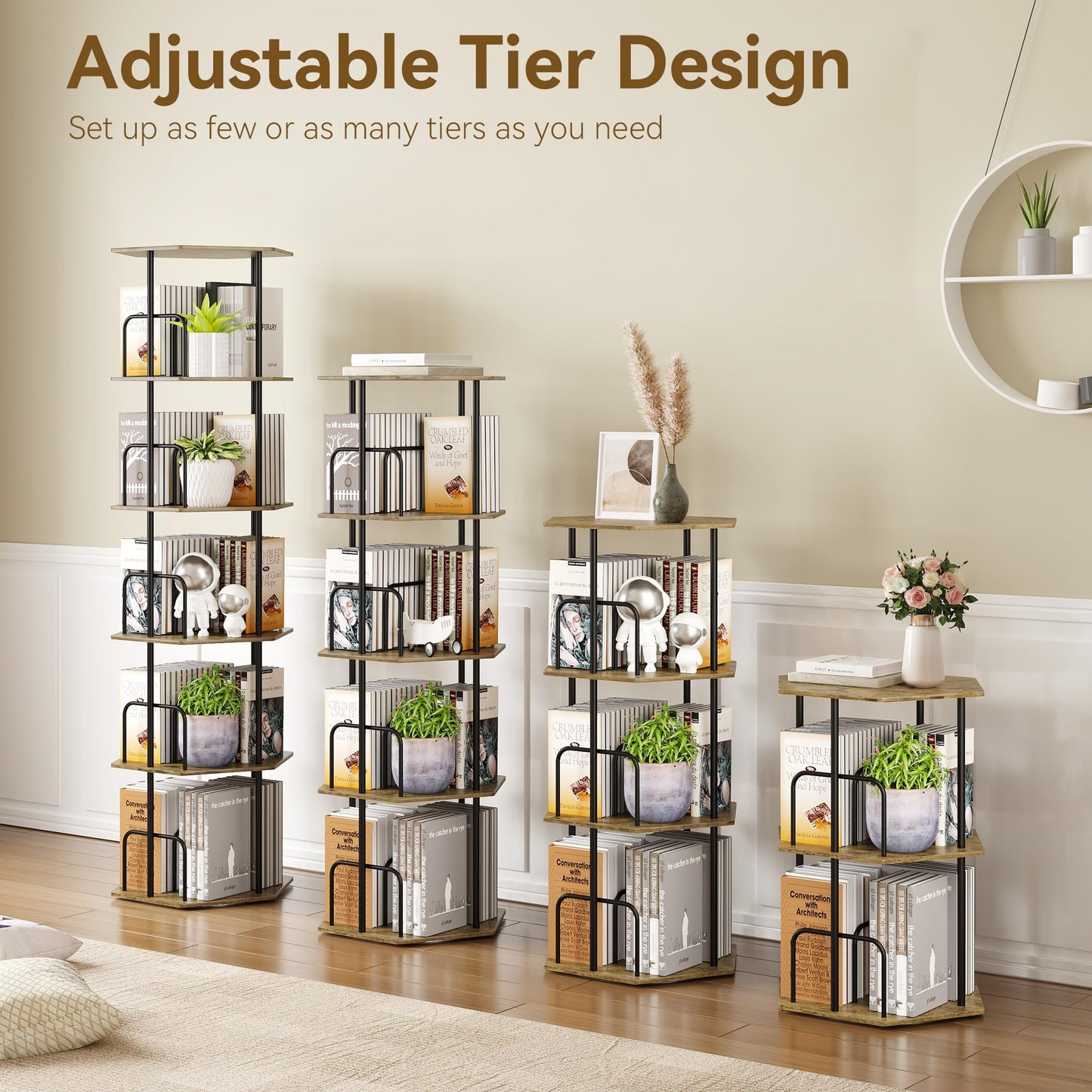 SUNMORY 5 Tier Rotating Bookshelf Tower, Revolving 360 ° Spinning Bookcase, Hexagonal Corner Book Shelf Storage Carousel, Vertical Rotate Turning Organizer Book Shelves for Living Room Office Bedroom