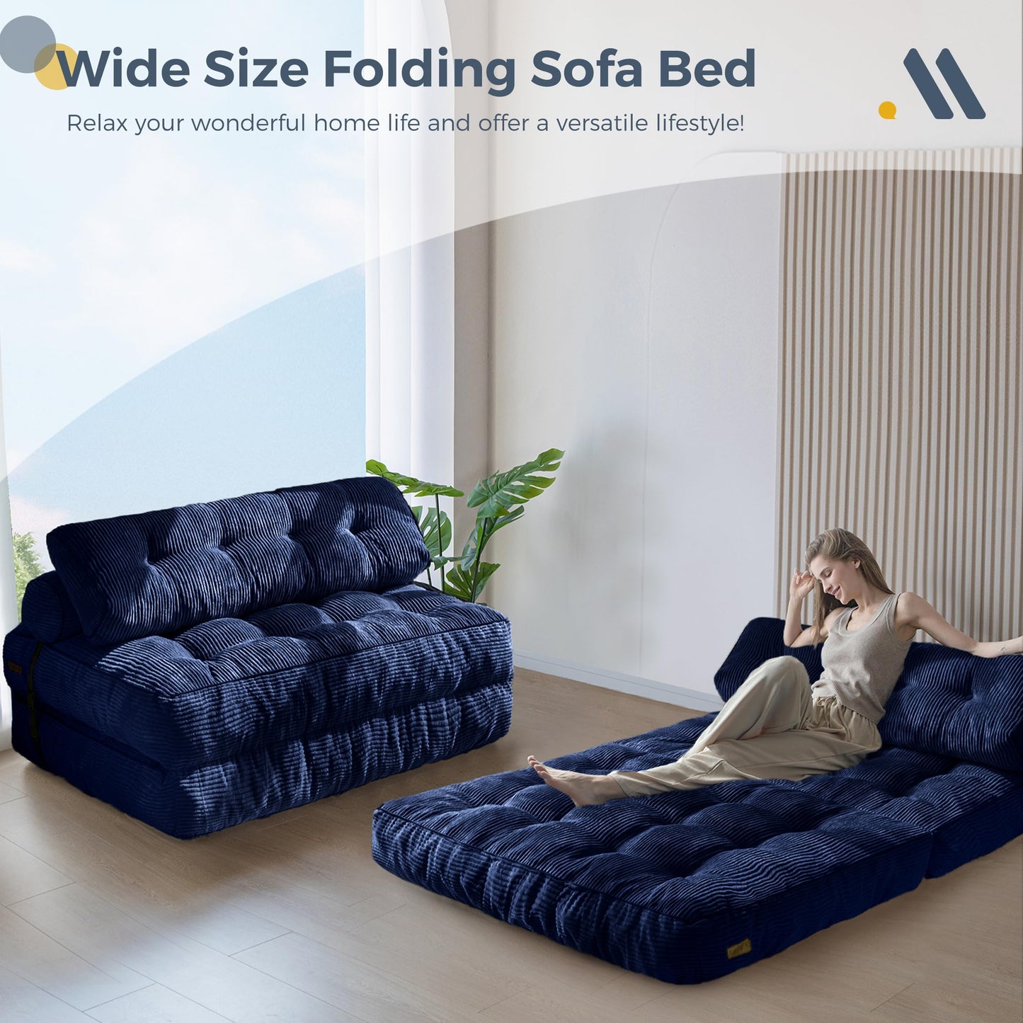 MAXYOYO Folding Sofa Bed, Convertible Chair with Pillow Foldable Couch with Back Support, Portable Fold Out Chair Bed Comfy Floor Sofa Lounge for Living Room Bedroom, Navy Double