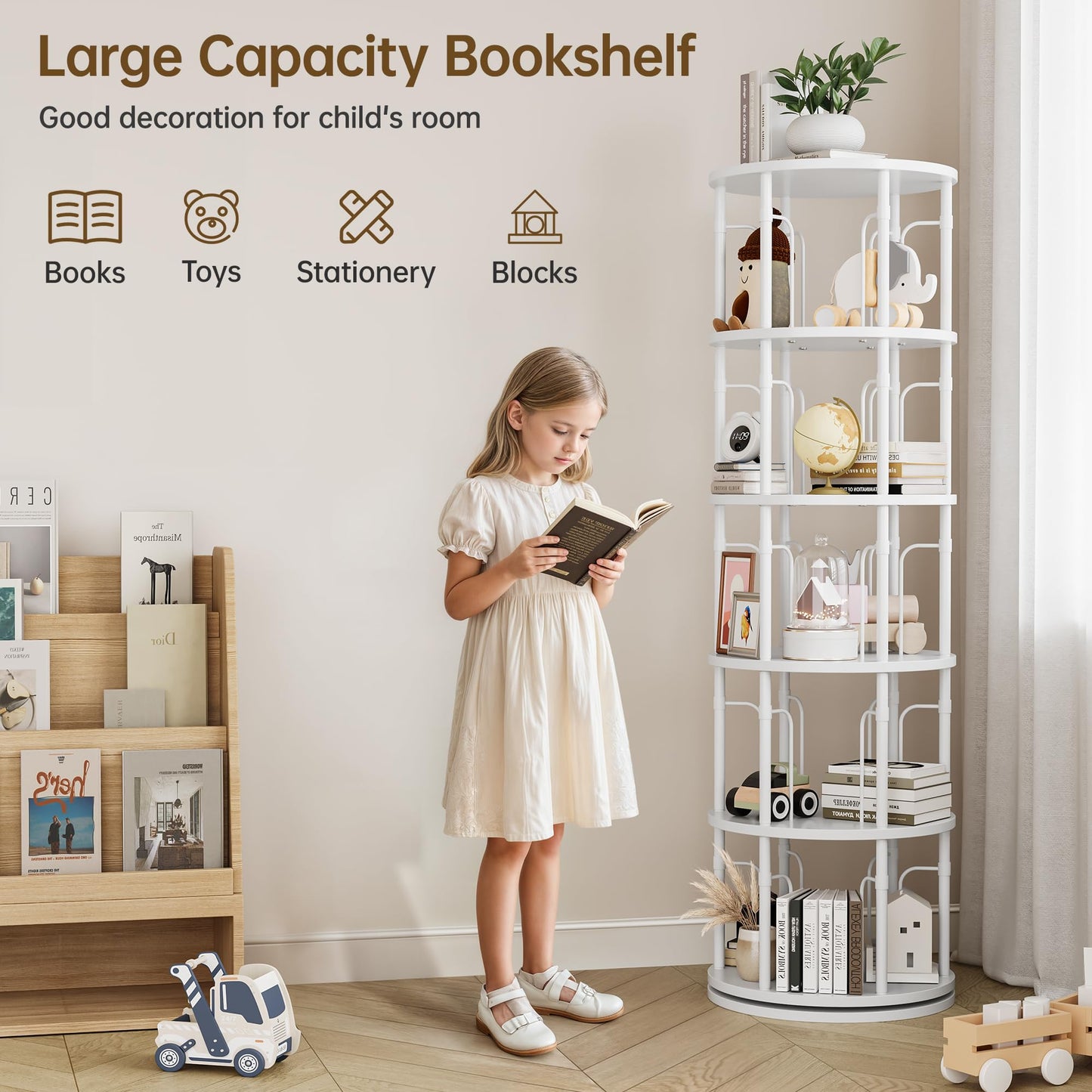iabifo 5-Tier Tall Rotating Bookshelf, 360°Spinning Swivel Bookcase Tower, Vertical Floor Standing Revolving Round Book Shelf Organizer for Small Spaces, Corner, Living Room, Bedroom, White