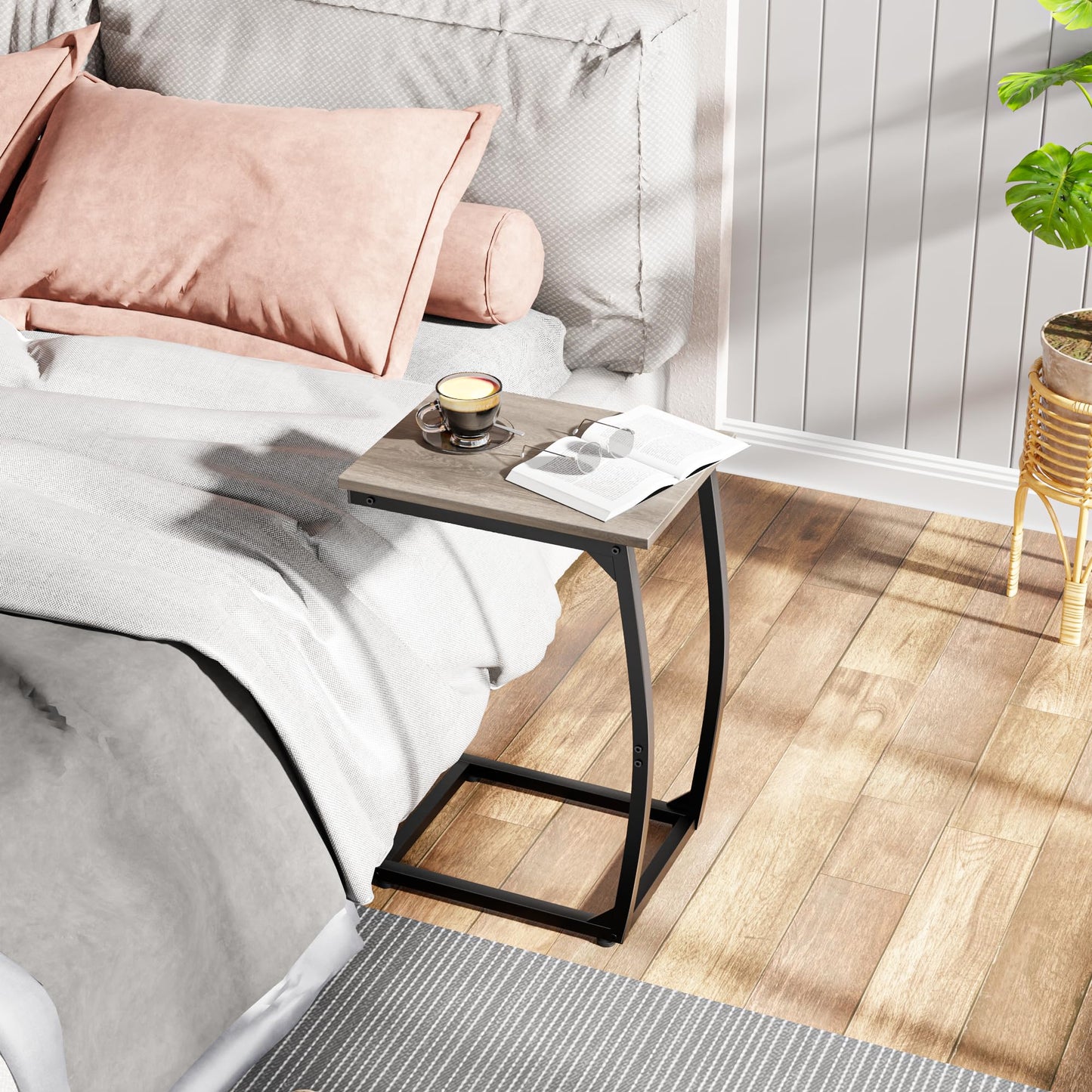 LAKEMID C Shaped End Table Set of 2, Side Table for Couch,Curved Support Legs, Slide Under Couch Table for Sofa, TV Tray Table for Living Room Bedroom（Lvory）