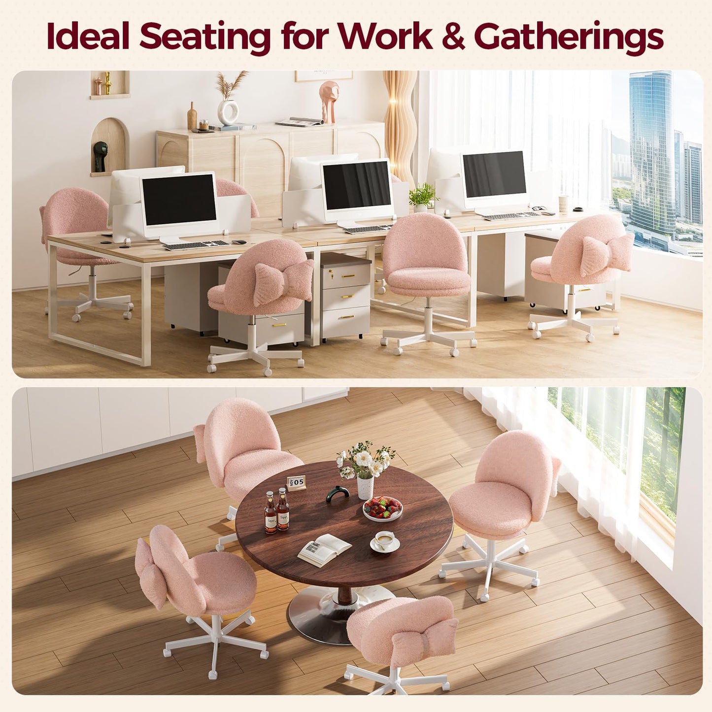 GTPLAYER Velvet Tall Office Chair with Wheels Vanity Chairs with Back, Versatile Height Use: Office to Bar Stools Small Ergonomic Comfy Armlees Computer Desk Chair with Bow Lumbar Pillow for Gift